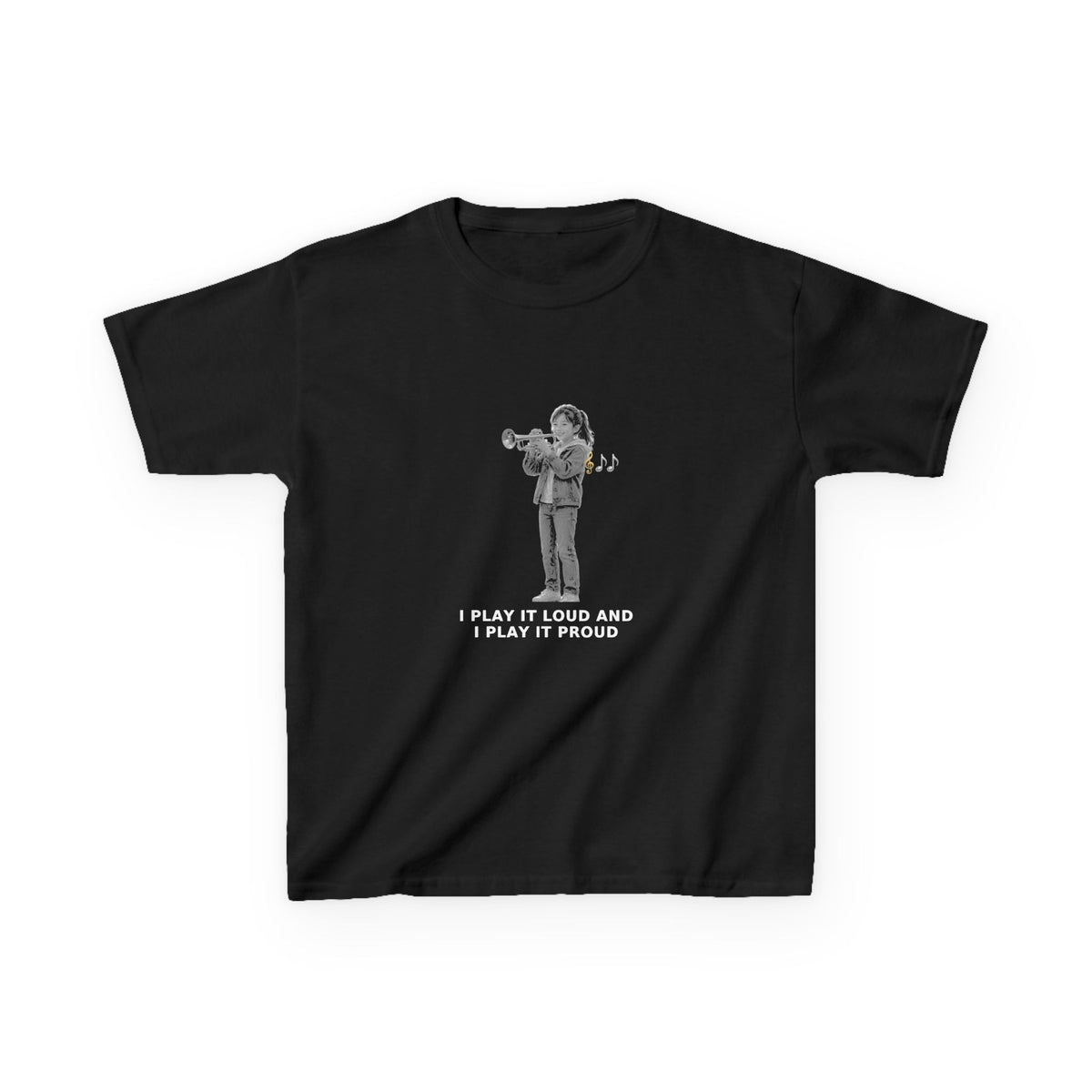 I Play It Loud and I Play It Proud — Asian Girl Trumpet Pre-Teen Musician Tee (White Ink) (Budget Edition) (Front Print)