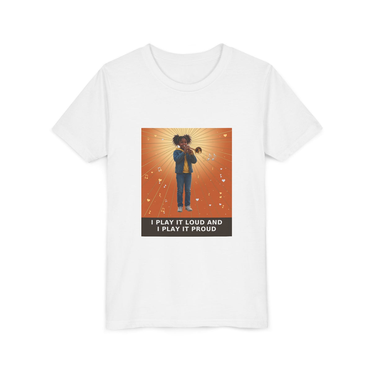 I Play It Loud and I Play It Proud — Black Girl Trumpet Pre-Teen Musician Tee (Sunset Orange) (Front Print)