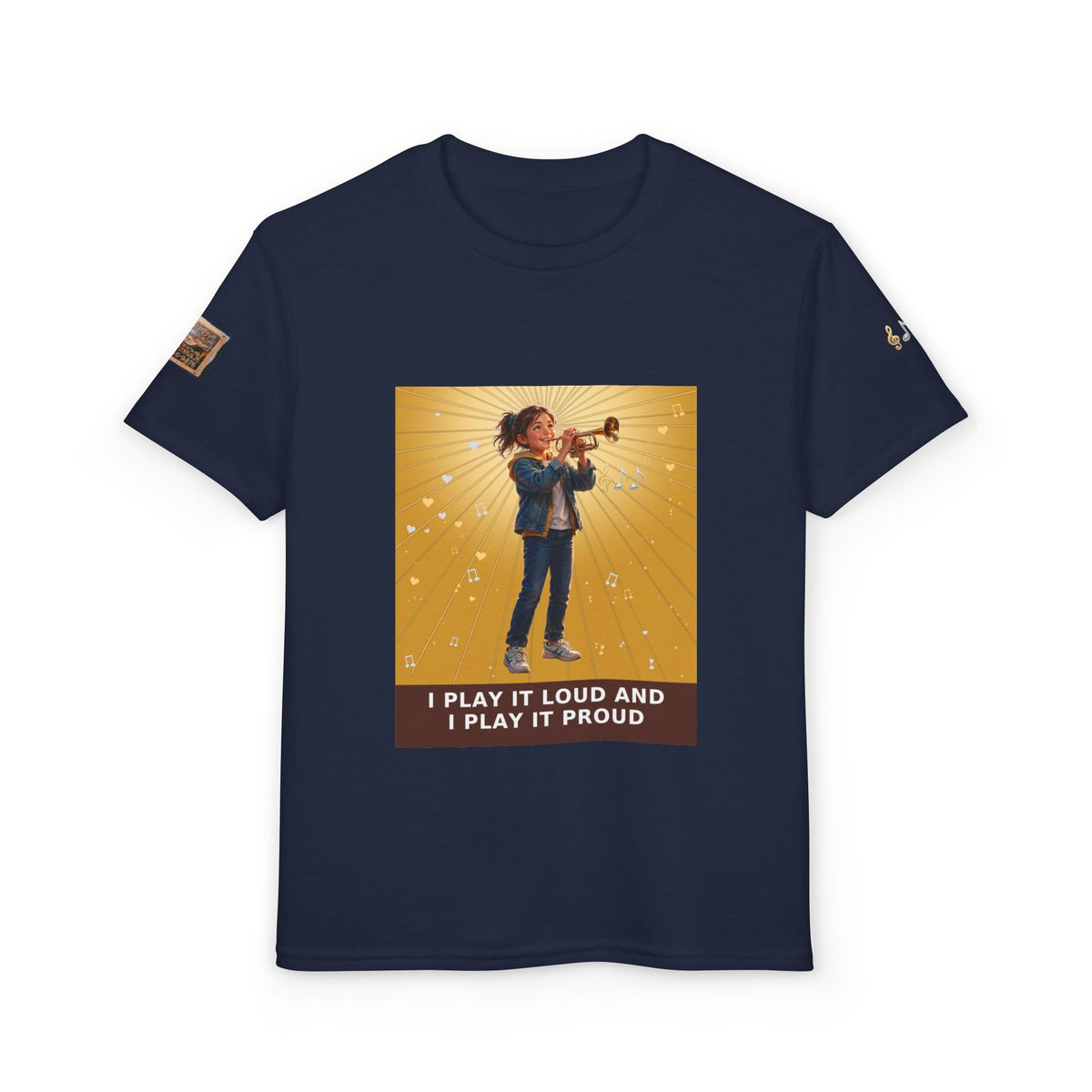 I Play It Loud and I Play It Proud — Girl Trumpet Pre-Teen Musician Tee (Golden Amber)
