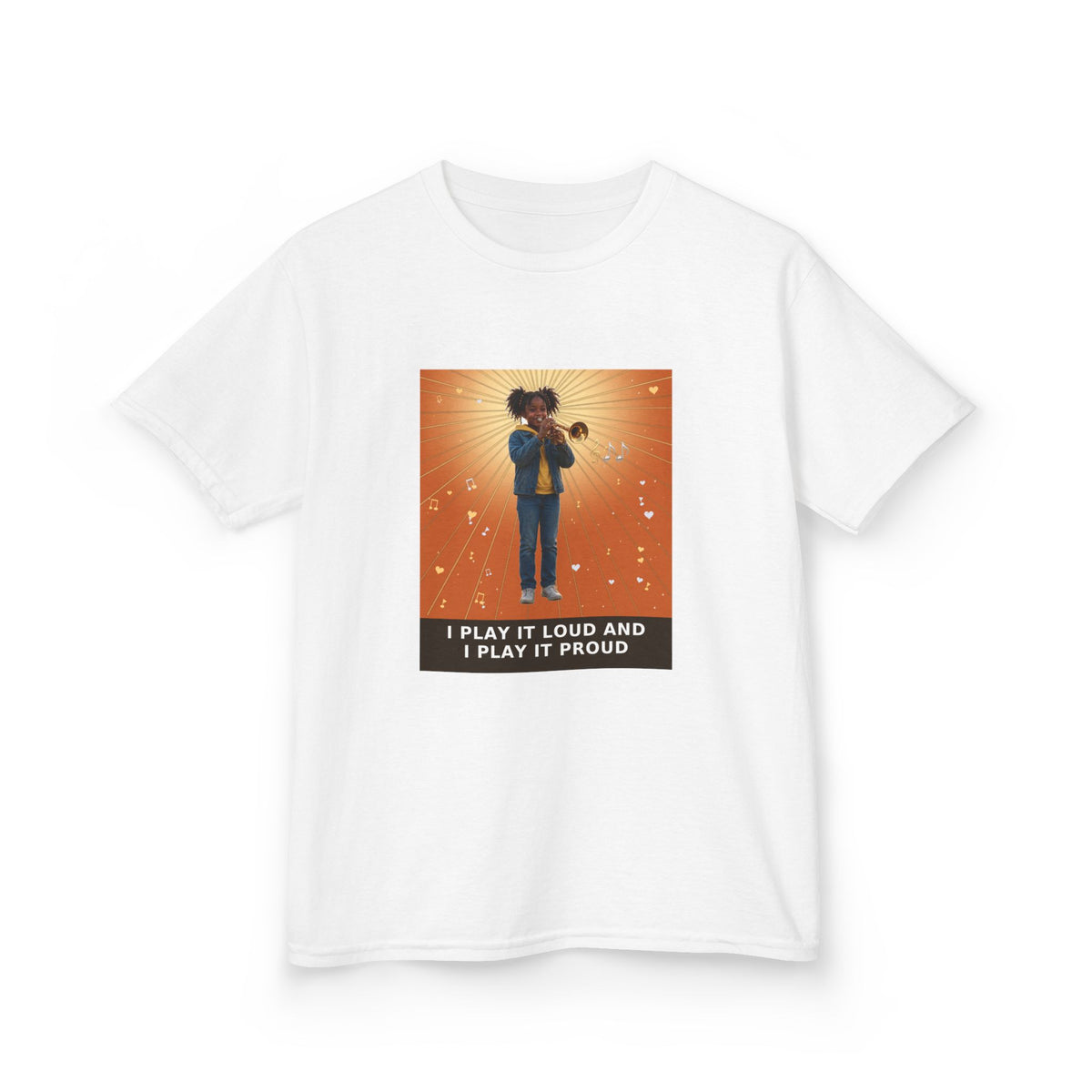 I Play It Loud and I Play It Proud — Black Girl Trumpet Pre-Teen Musician Tee (Sunset Orange) (Budget Edition) (Front Print)