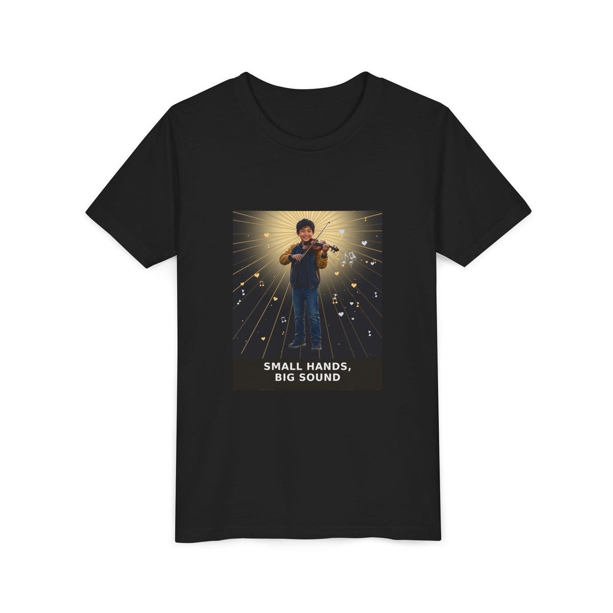 Small Hands, Big Sound — Asian Boy Violin Pre-Teen Musician Tee (Front Print)