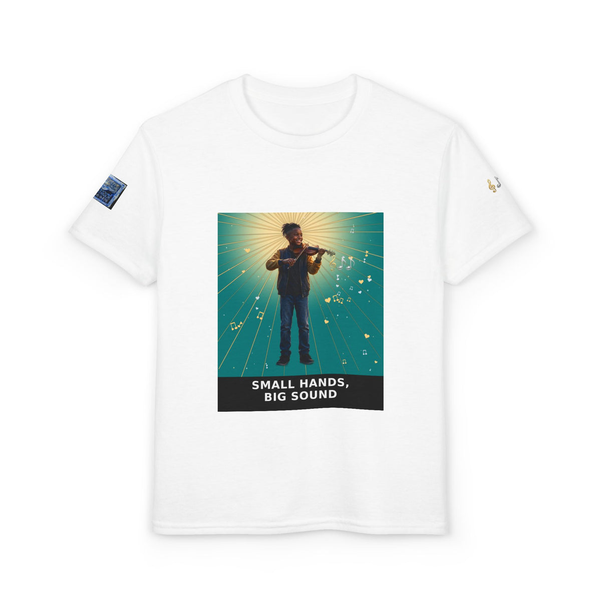 Small Hands, Big Sound — Black Boy Violin Pre-Teen Musician Tee (Teal)