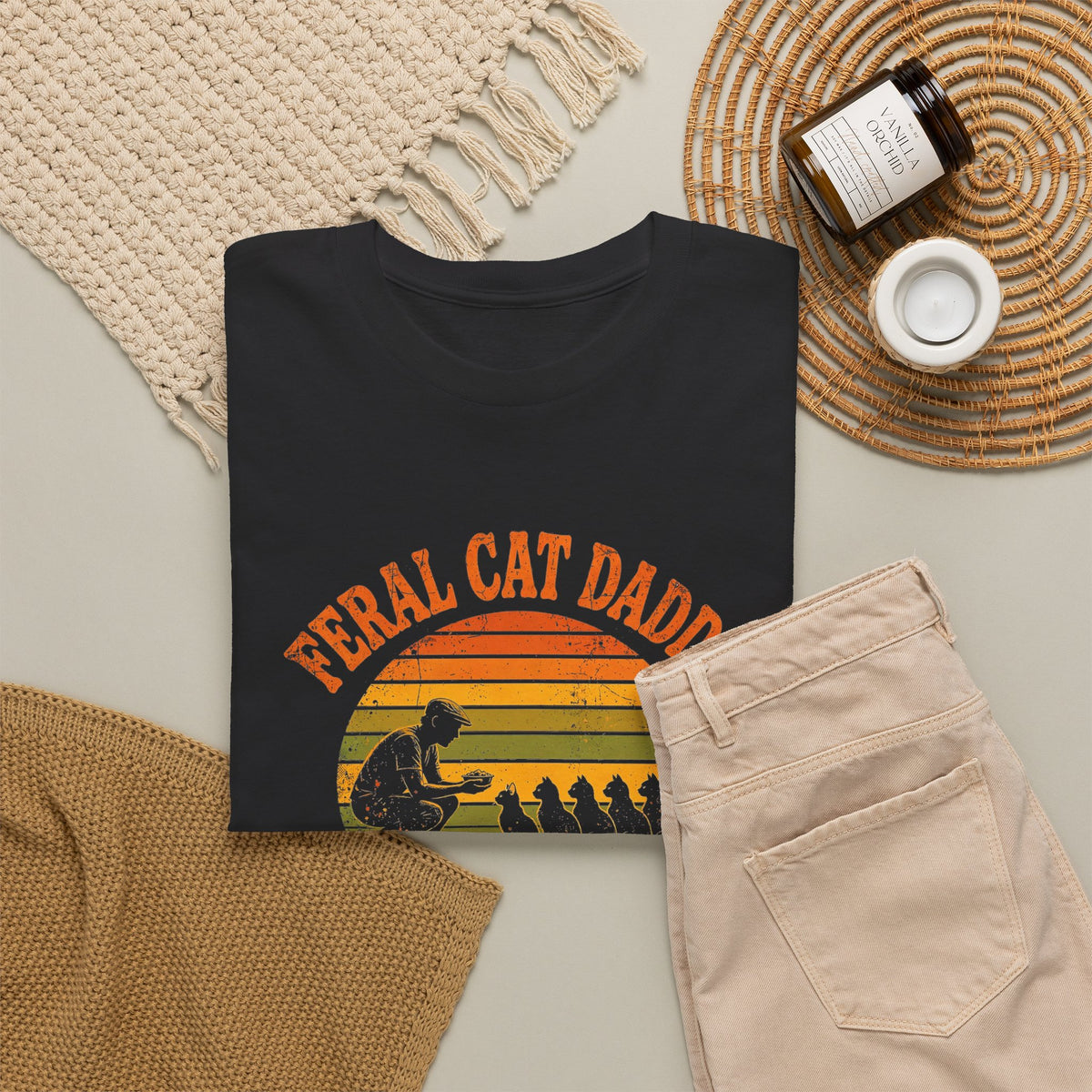 Feral Cat Daddy T-Shirt - Retro Sunset Cat Dad Tee, Est. at the 5 A.M. Feeding - Budget Edition