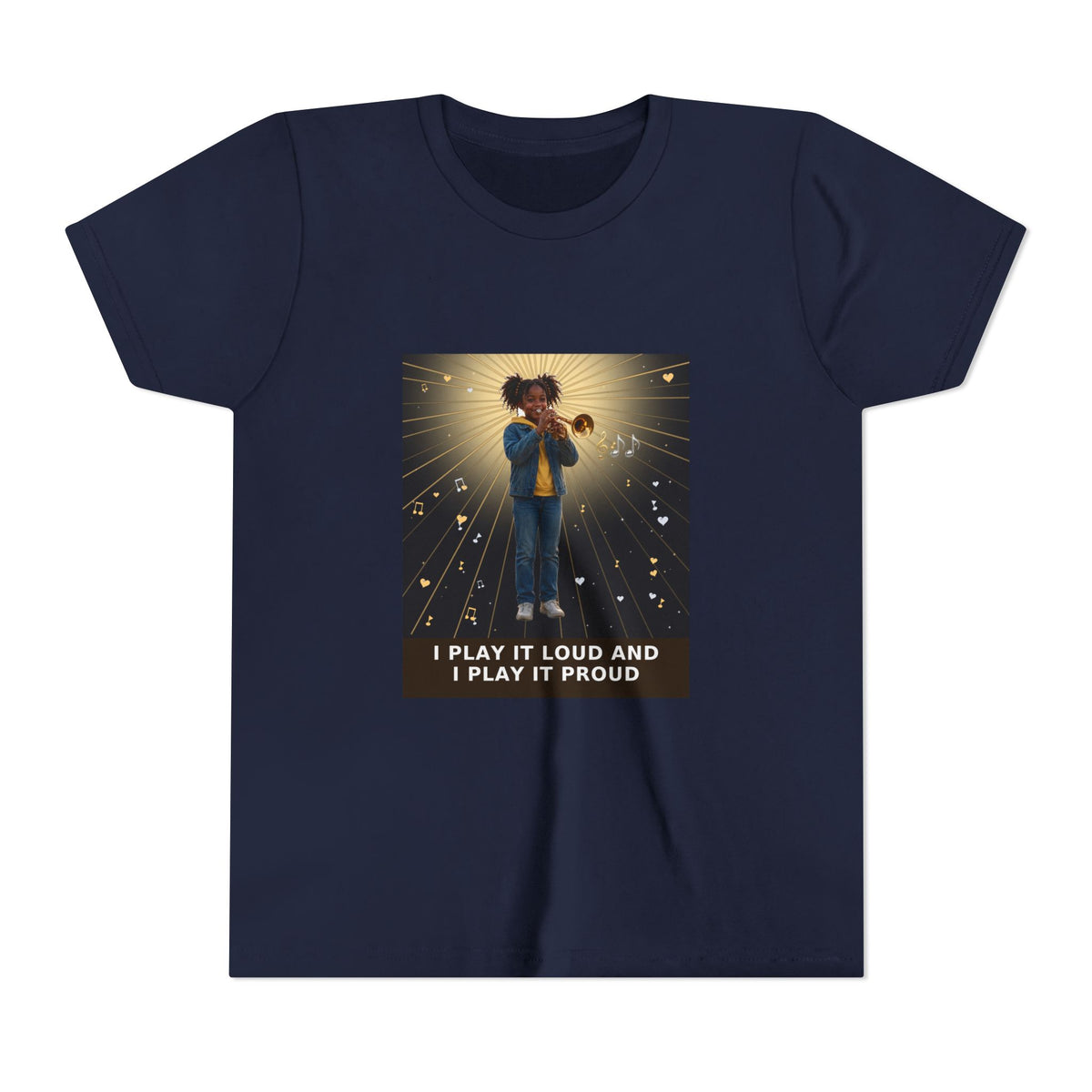 I Play It Loud and I Play It Proud — Black Girl Trumpet Pre-Teen Musician Tee (Front Print)