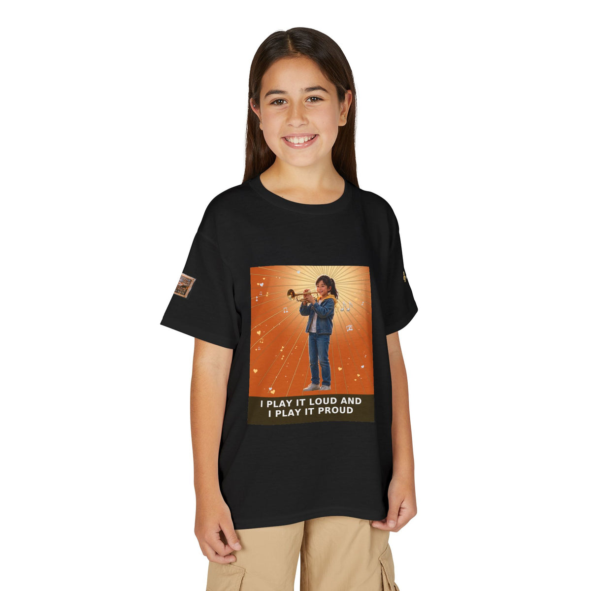 I Play It Loud and I Play It Proud — Asian Girl Trumpet Pre-Teen Musician Tee (Sunset Orange) (Budget Edition)