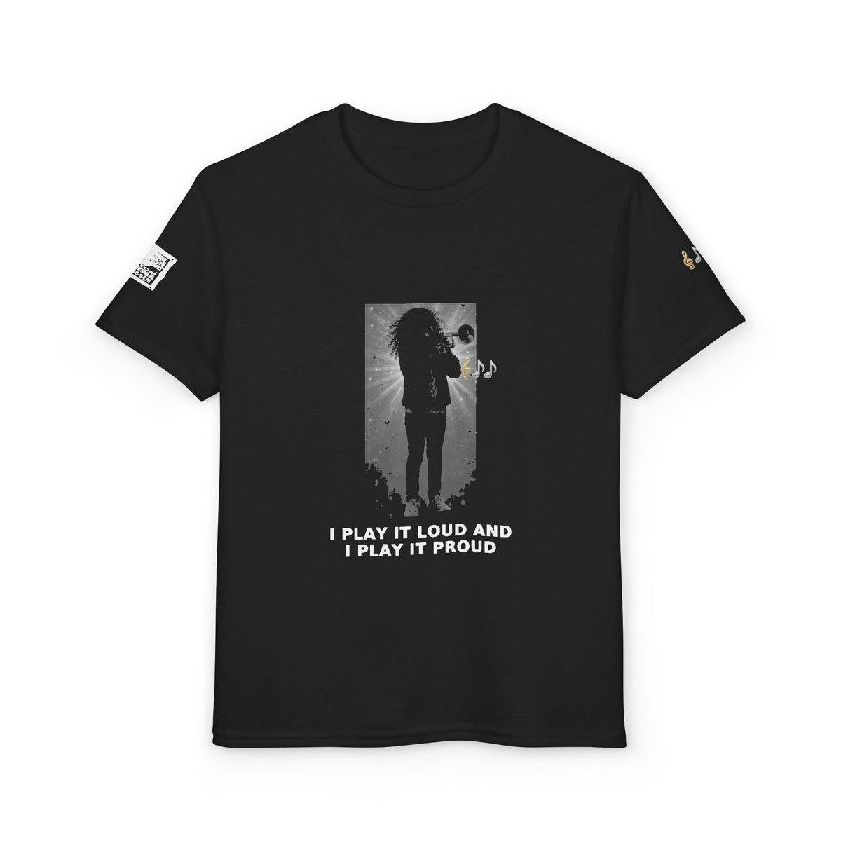 I Play It Loud and I Play It Proud — Latina Girl Trumpet Pre-Teen Musician Tee (White Ink) (Budget Edition)