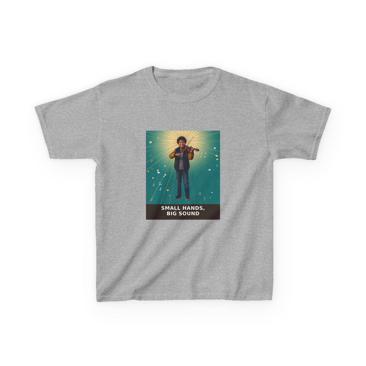 Small Hands, Big Sound — Latino Boy Violin Pre-Teen Musician Tee (Teal) (Budget Edition) (Front Print)