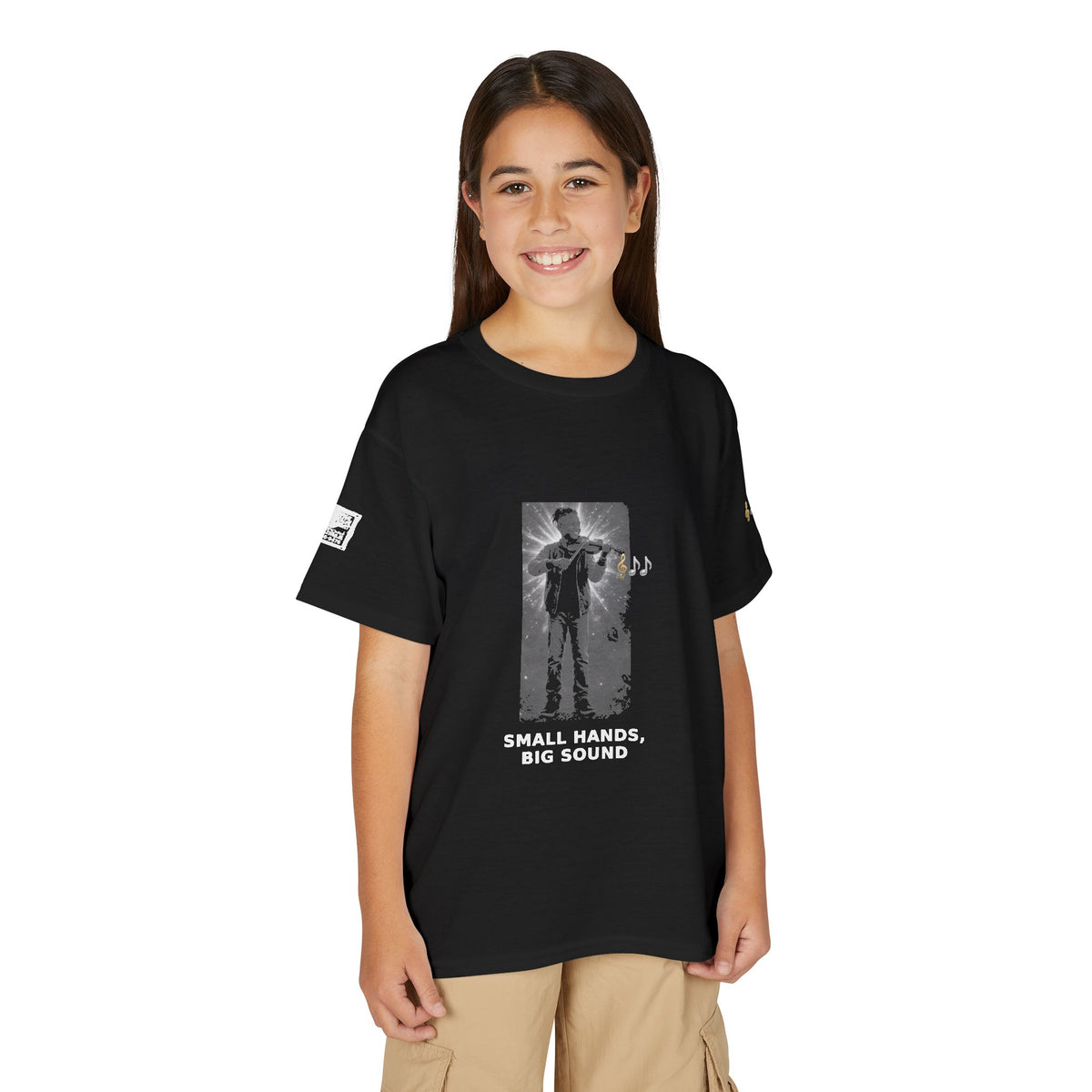 Small Hands, Big Sound — Black Boy Violin Pre-Teen Musician Tee (White Ink)