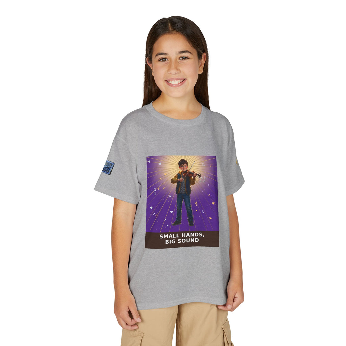 Small Hands, Big Sound — Boy Violin Pre-Teen Musician Tee (Royal Purple)