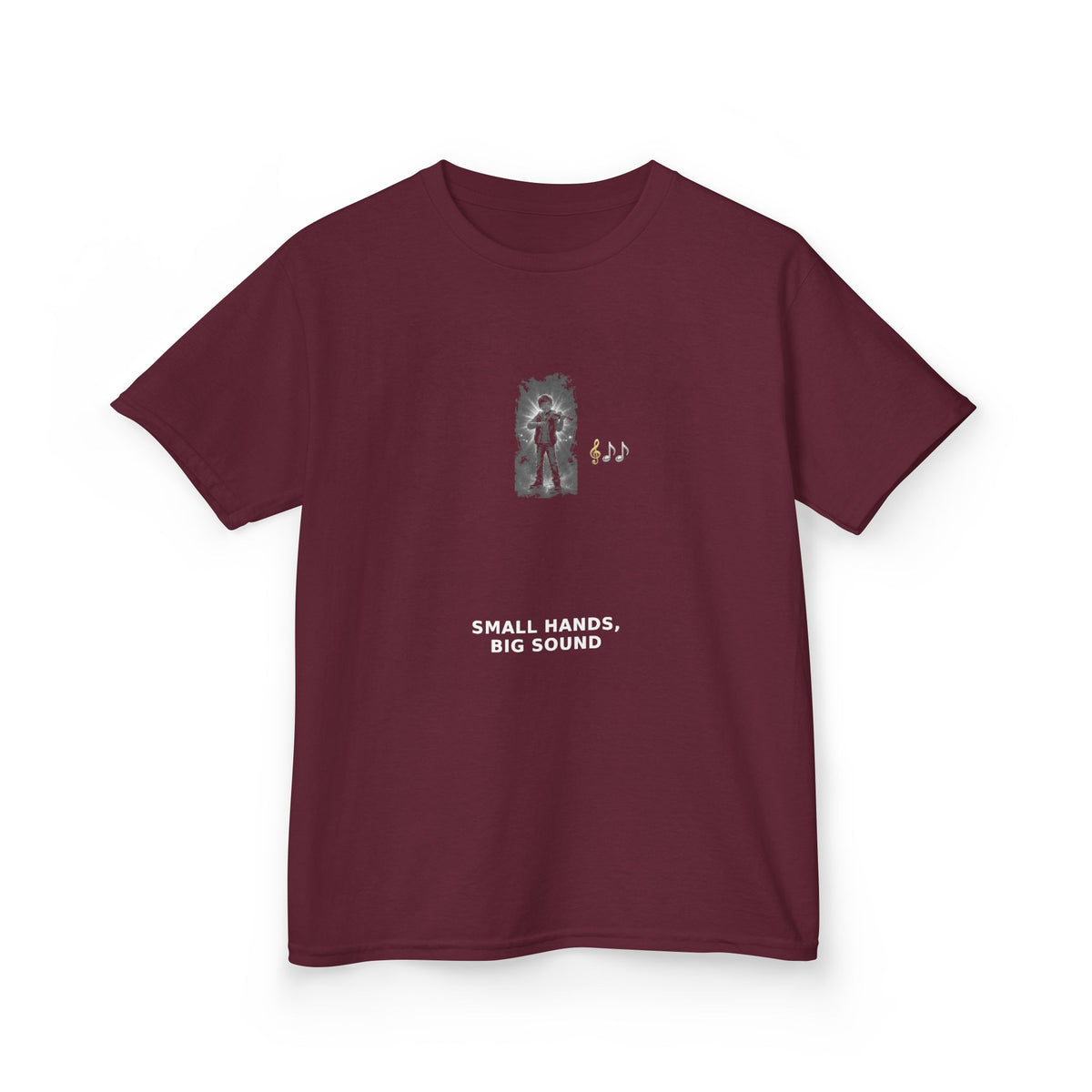 Small Hands, Big Sound — Boy Violin Pre-Teen Musician Tee (White Ink) (Budget Edition) (Front Print)
