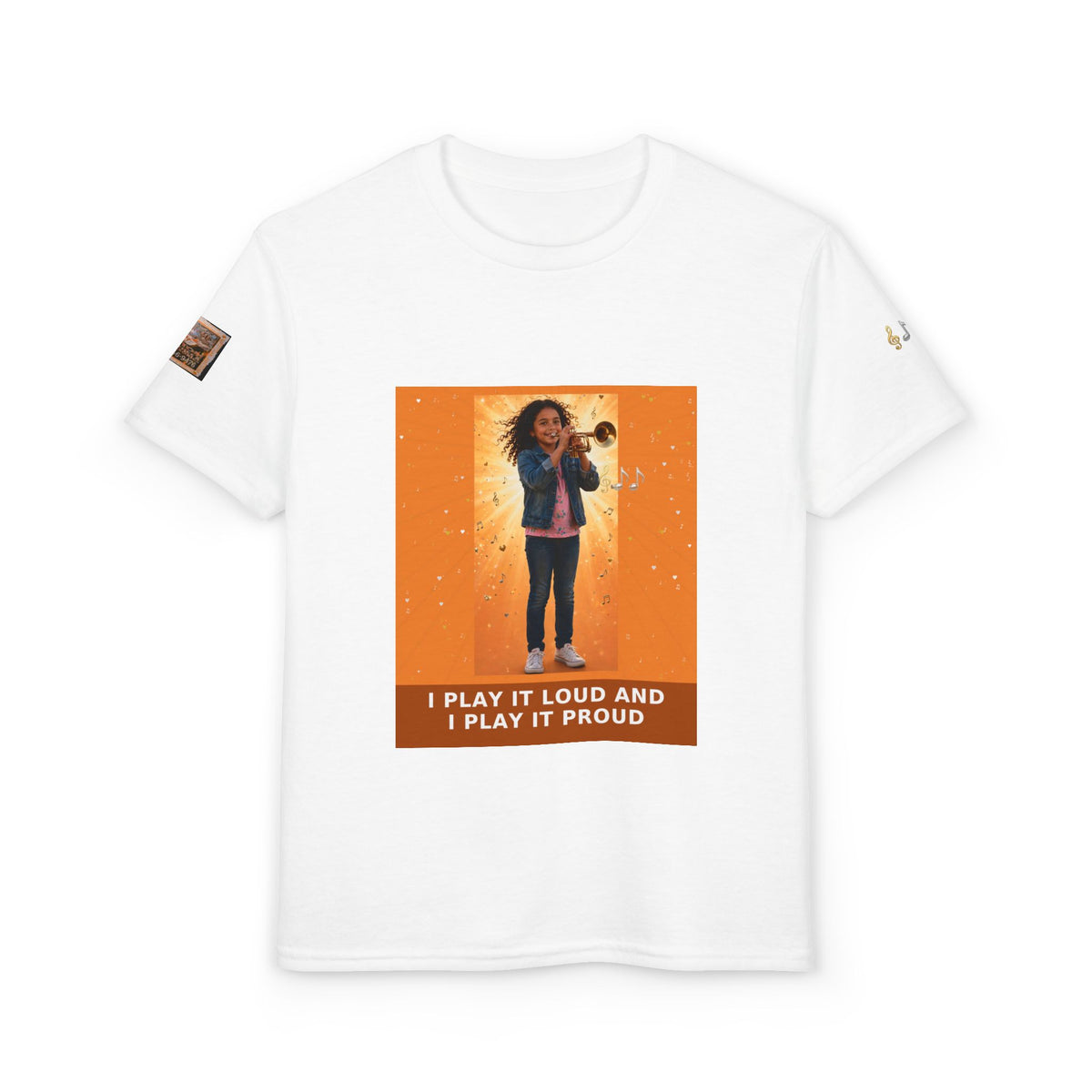 I Play It Loud and I Play It Proud — Latina Girl Trumpet Pre-Teen Musician Tee (Sunset Orange)