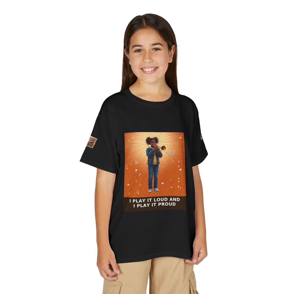 I Play It Loud and I Play It Proud — Black Girl Trumpet Pre-Teen Musician Tee (Sunset Orange)