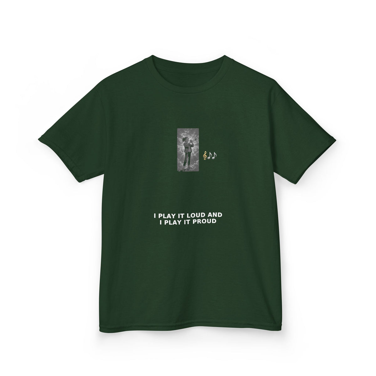 I Play It Loud and I Play It Proud — Girl Trumpet Pre-Teen Musician Tee (White Ink) (Budget Edition) (Front Print)