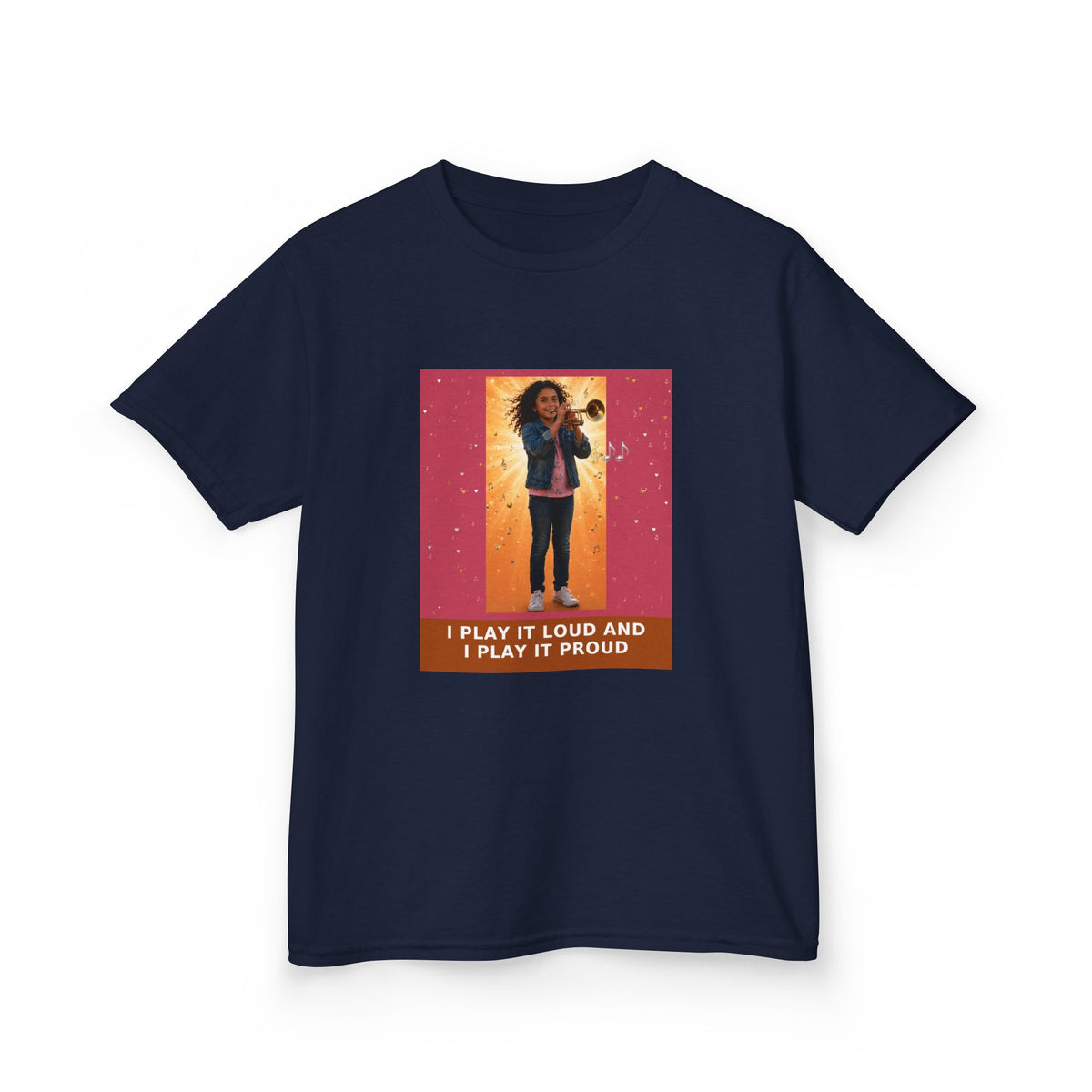 I Play It Loud and I Play It Proud — Latina Girl Trumpet Pre-Teen Musician Tee (Rose) (Budget Edition) (Front Print)
