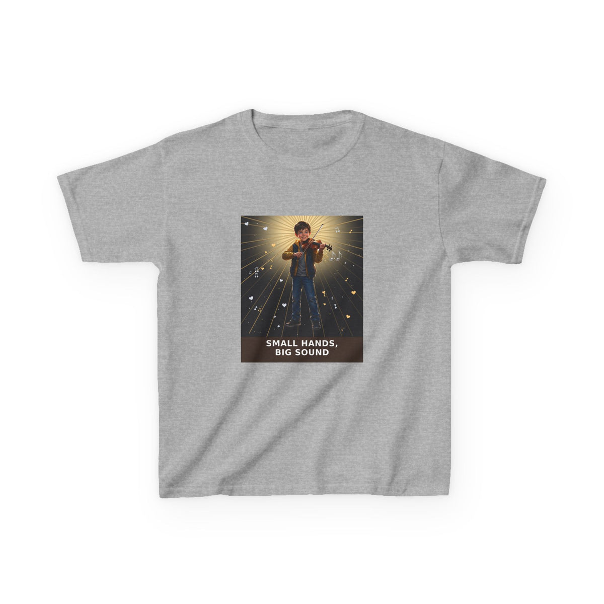 Small Hands, Big Sound — Boy Violin Pre-Teen Musician Tee (Budget Edition) (Front Print)