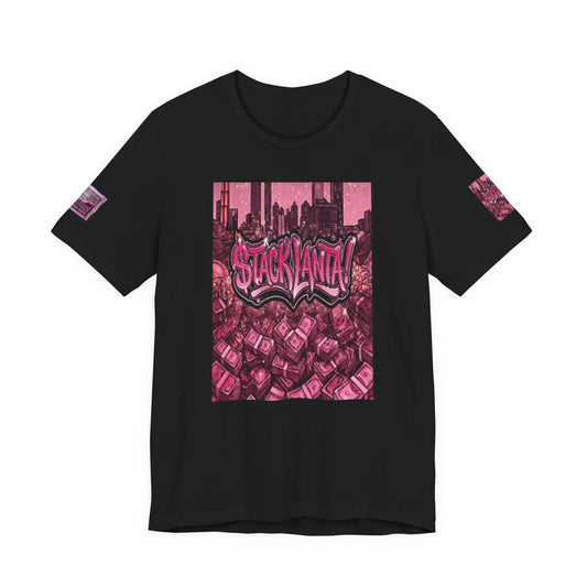 $tacklanta T-Shirt - Pink Atlanta Skyline Money Stacks Graffiti, Pink Arch Sleeve Edition