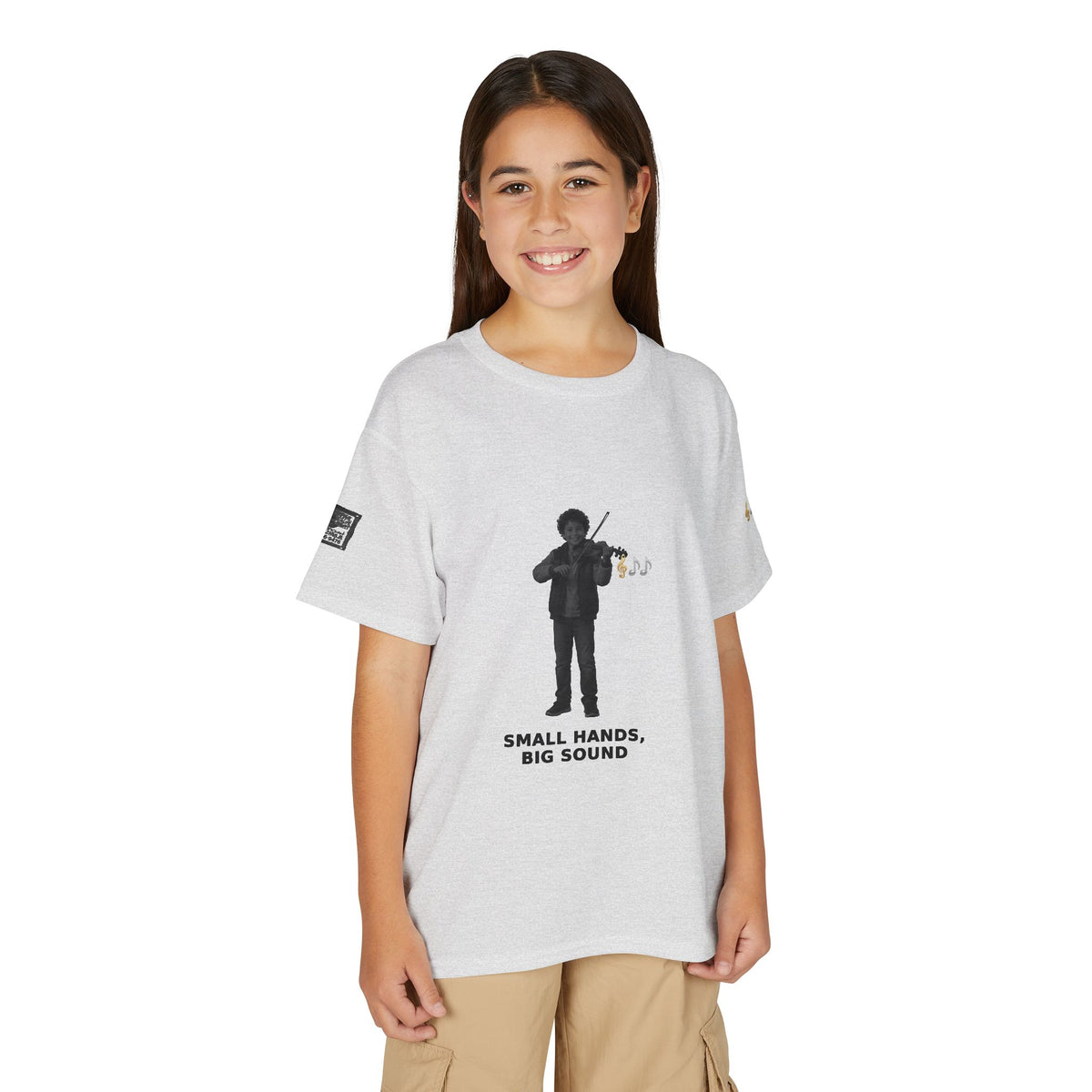 Small Hands, Big Sound — Latino Boy Violin Pre-Teen Musician Tee (Black Ink)