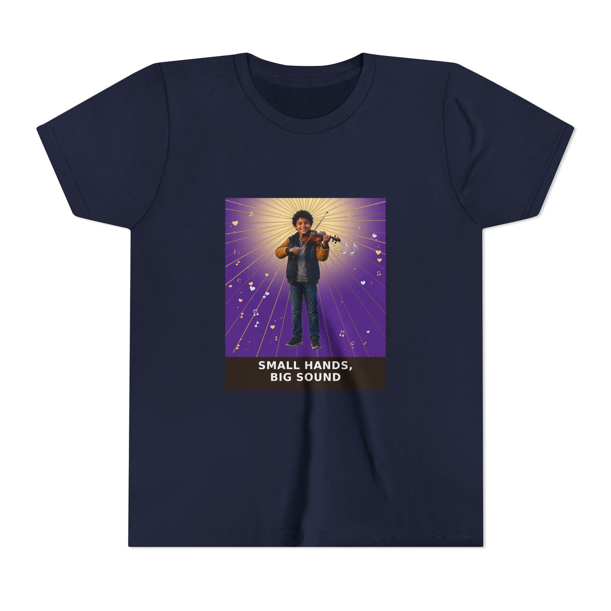 Small Hands, Big Sound — Latino Boy Violin Pre-Teen Musician Tee (Royal Purple) (Front Print)