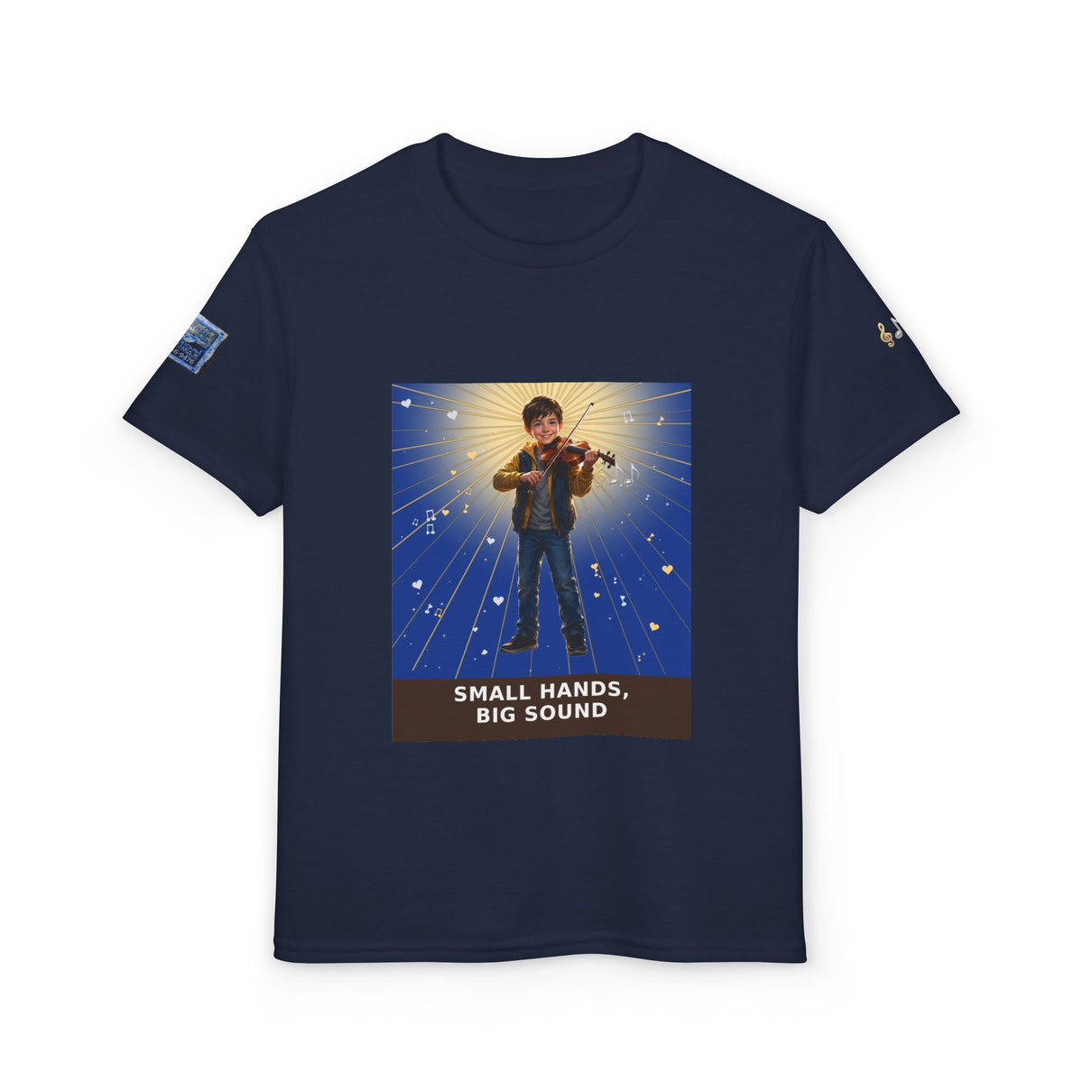 Small Hands, Big Sound — Boy Violin Pre-Teen Musician Tee (Deep Blue)
