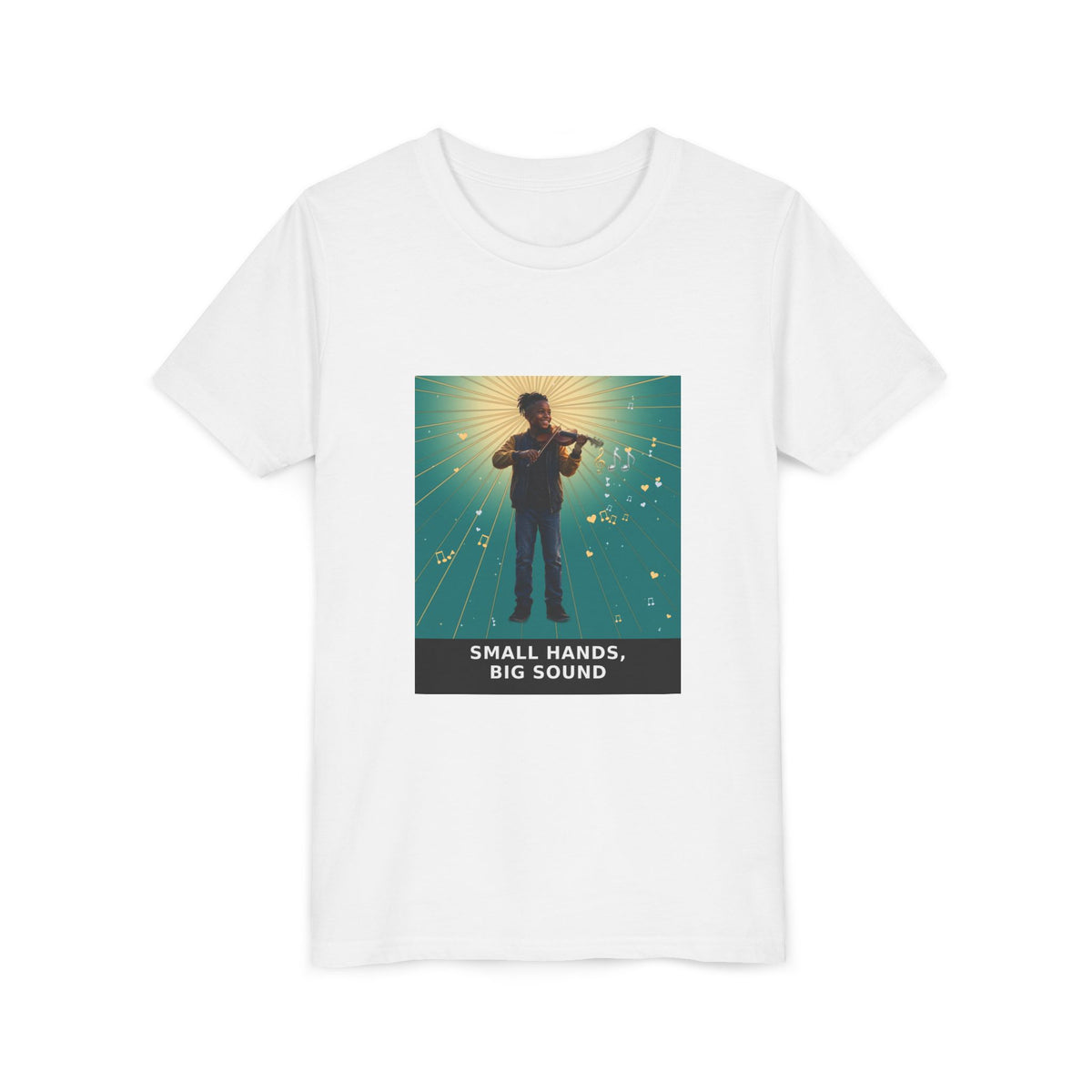 Small Hands, Big Sound — Black Boy Violin Pre-Teen Musician Tee (Teal) (Front Print)