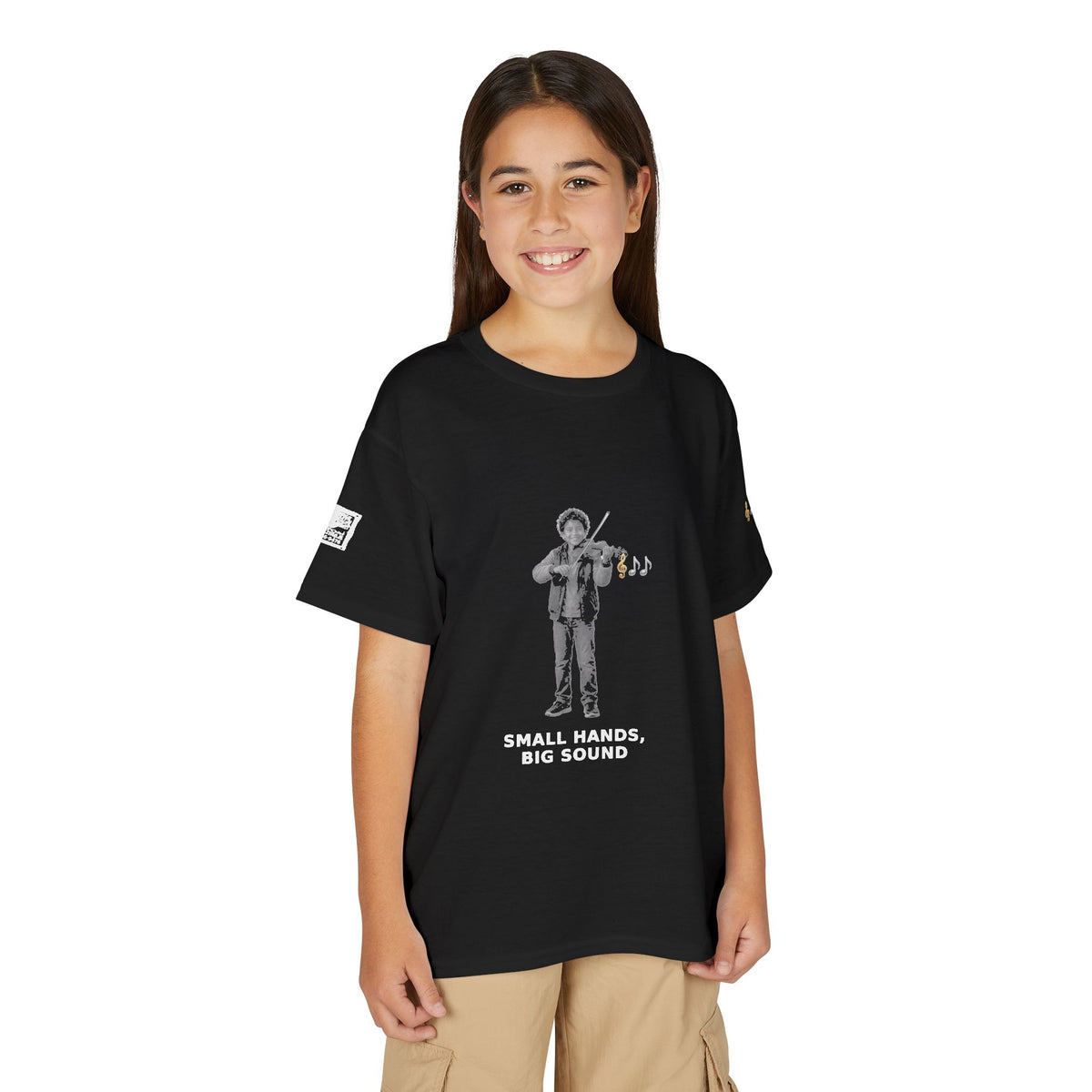 Small Hands, Big Sound — Latino Boy Violin Pre-Teen Musician Tee (White Ink) (Budget Edition)