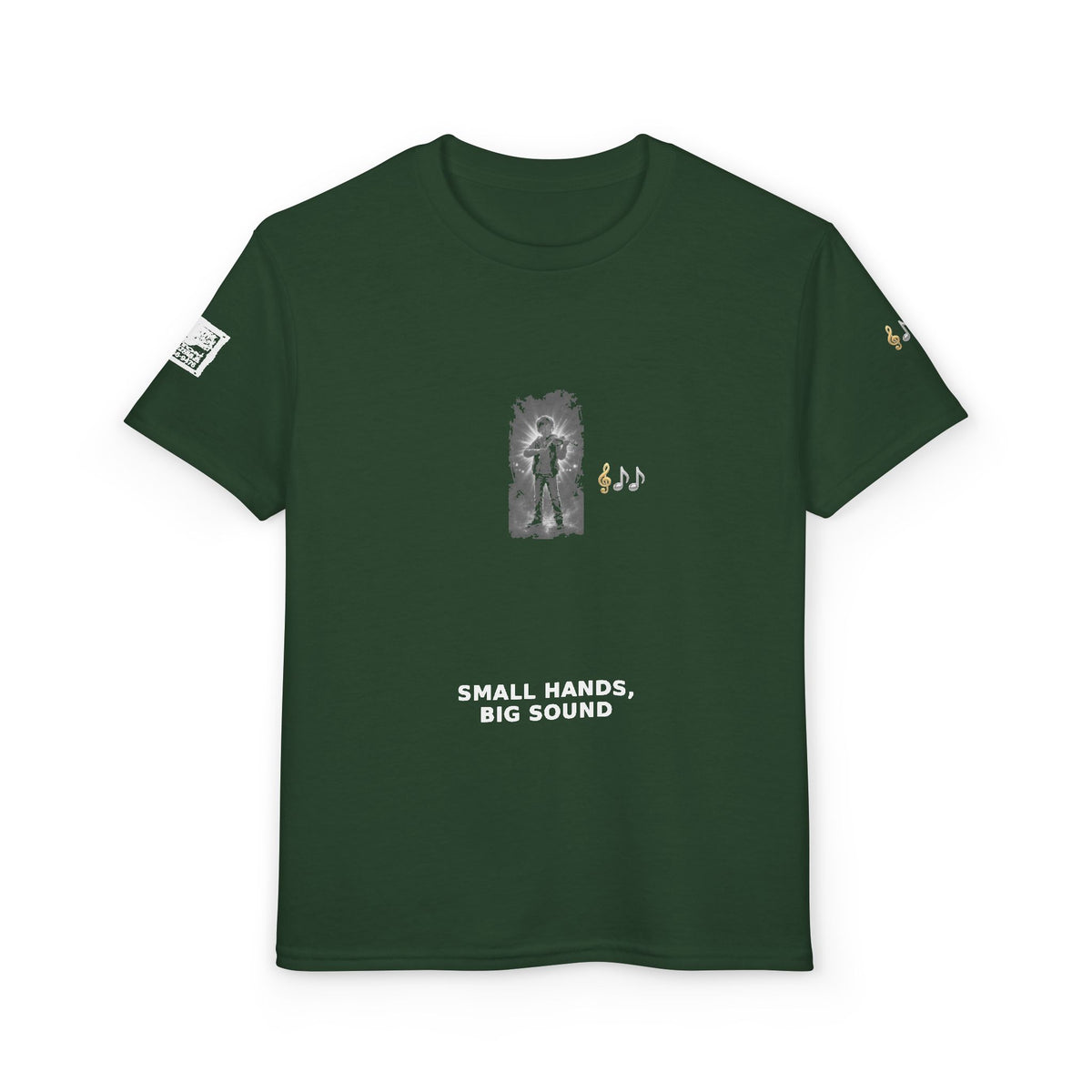 Small Hands, Big Sound — Boy Violin Pre-Teen Musician Tee (White Ink)