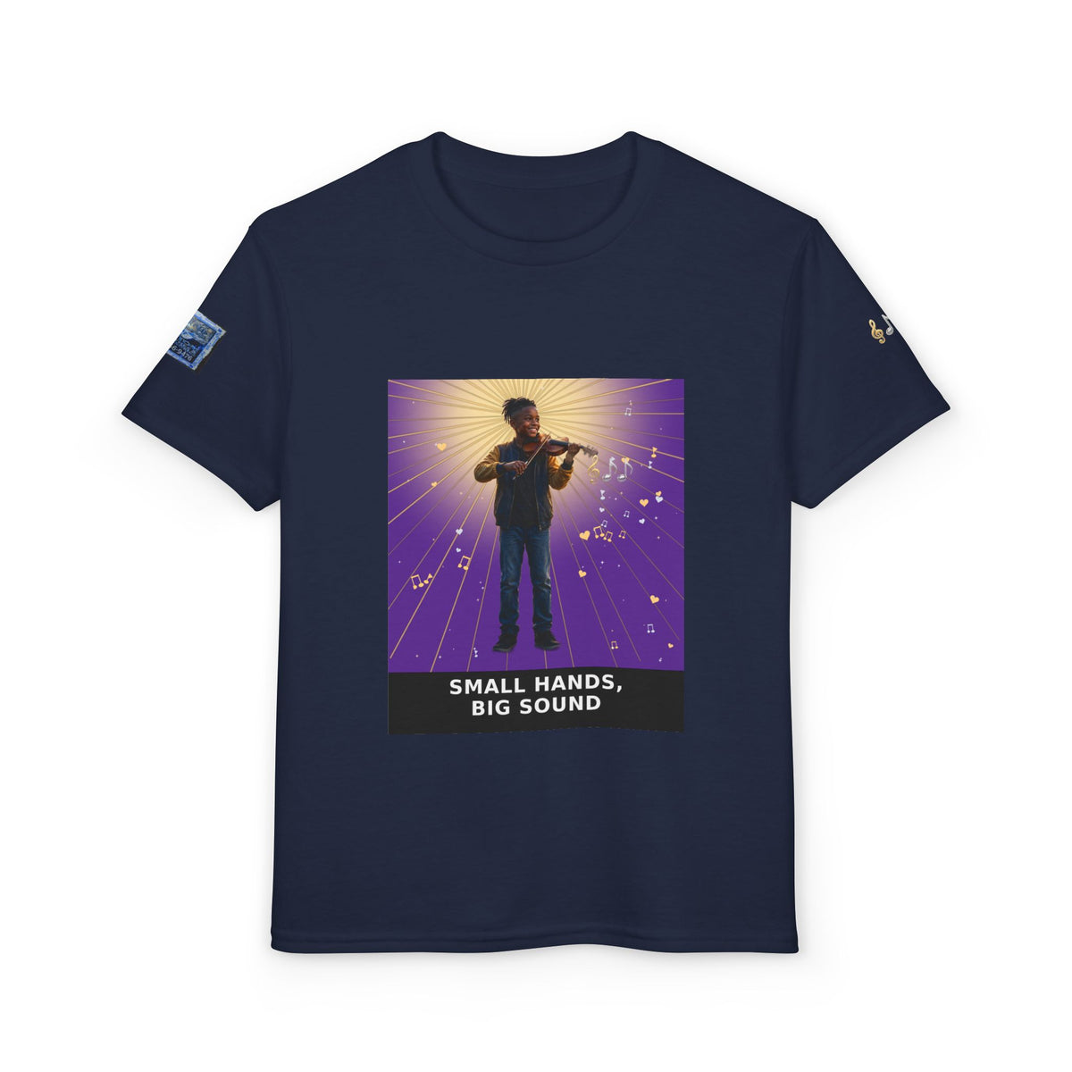 Small Hands, Big Sound — Black Boy Violin Pre-Teen Musician Tee (Royal Purple)