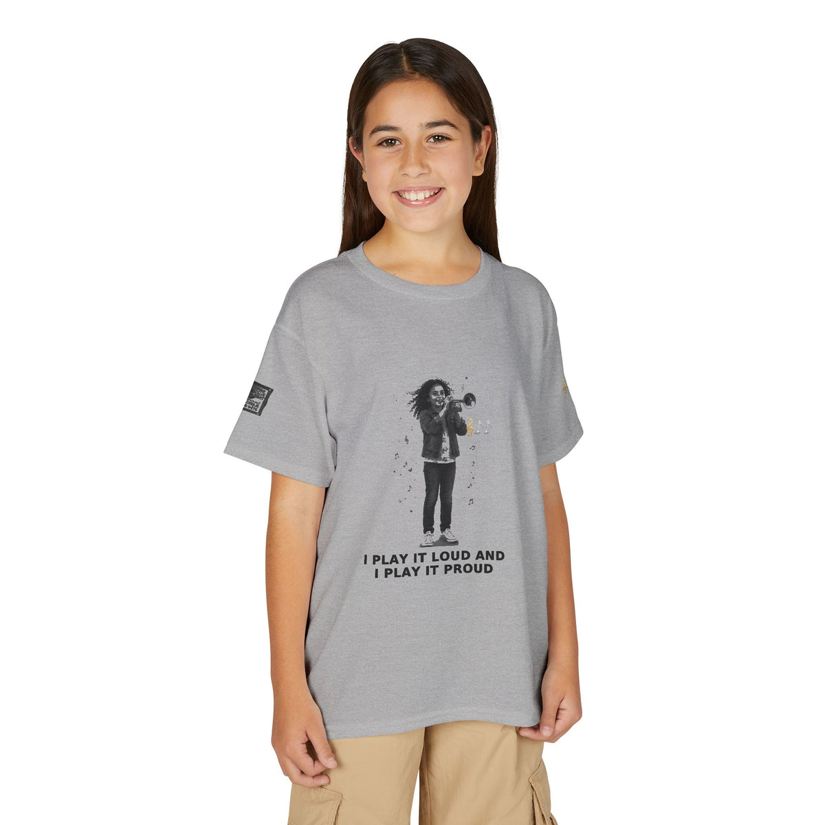 I Play It Loud and I Play It Proud — Latina Girl Trumpet Pre-Teen Musician Tee (Black Ink) (Budget Edition)