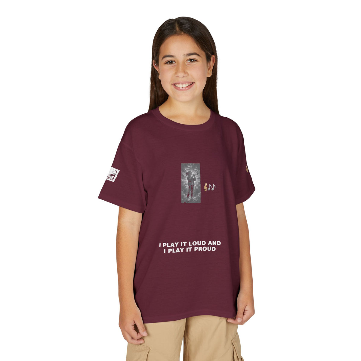 I Play It Loud and I Play It Proud — Girl Trumpet Pre-Teen Musician Tee (White Ink) (Budget Edition)