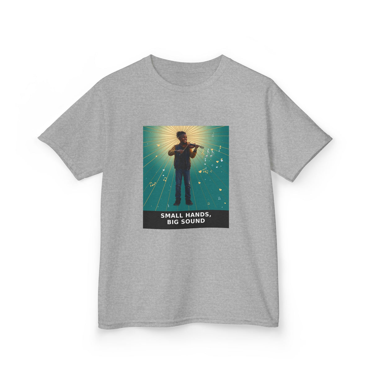 Small Hands, Big Sound — Black Boy Violin Pre-Teen Musician Tee (Teal) (Budget Edition) (Front Print)