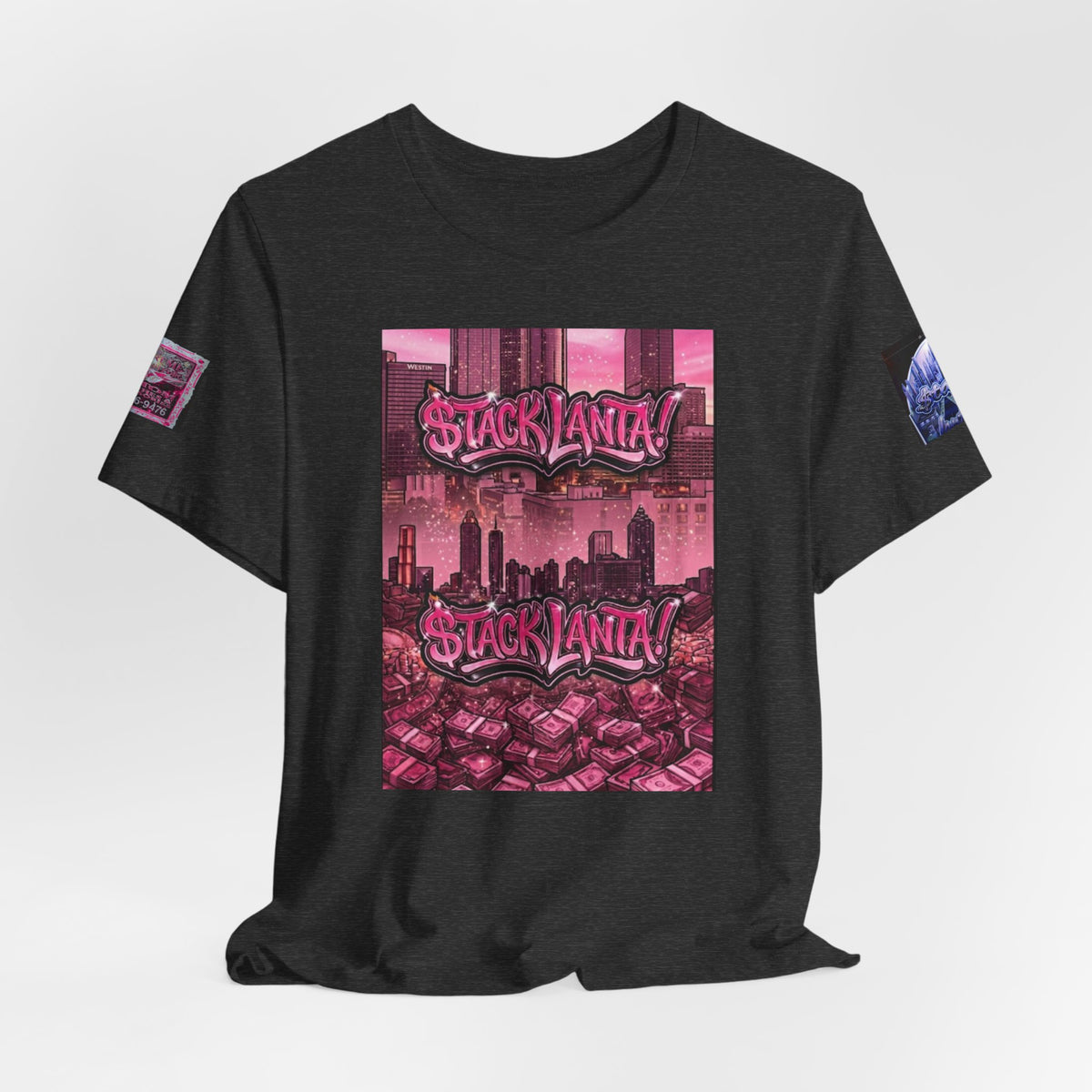 $tacklanta T-Shirt - Pink Atlanta Skyline Money Stacks Graffiti, Blue Arch Sleeve Edition