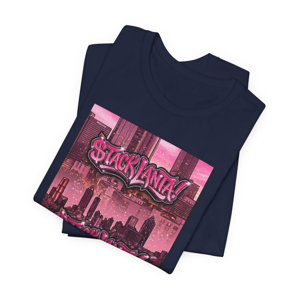 $tacklanta T-Shirt - Pink Atlanta Skyline Money Stacks Graffiti, Blue Arch Sleeve Edition