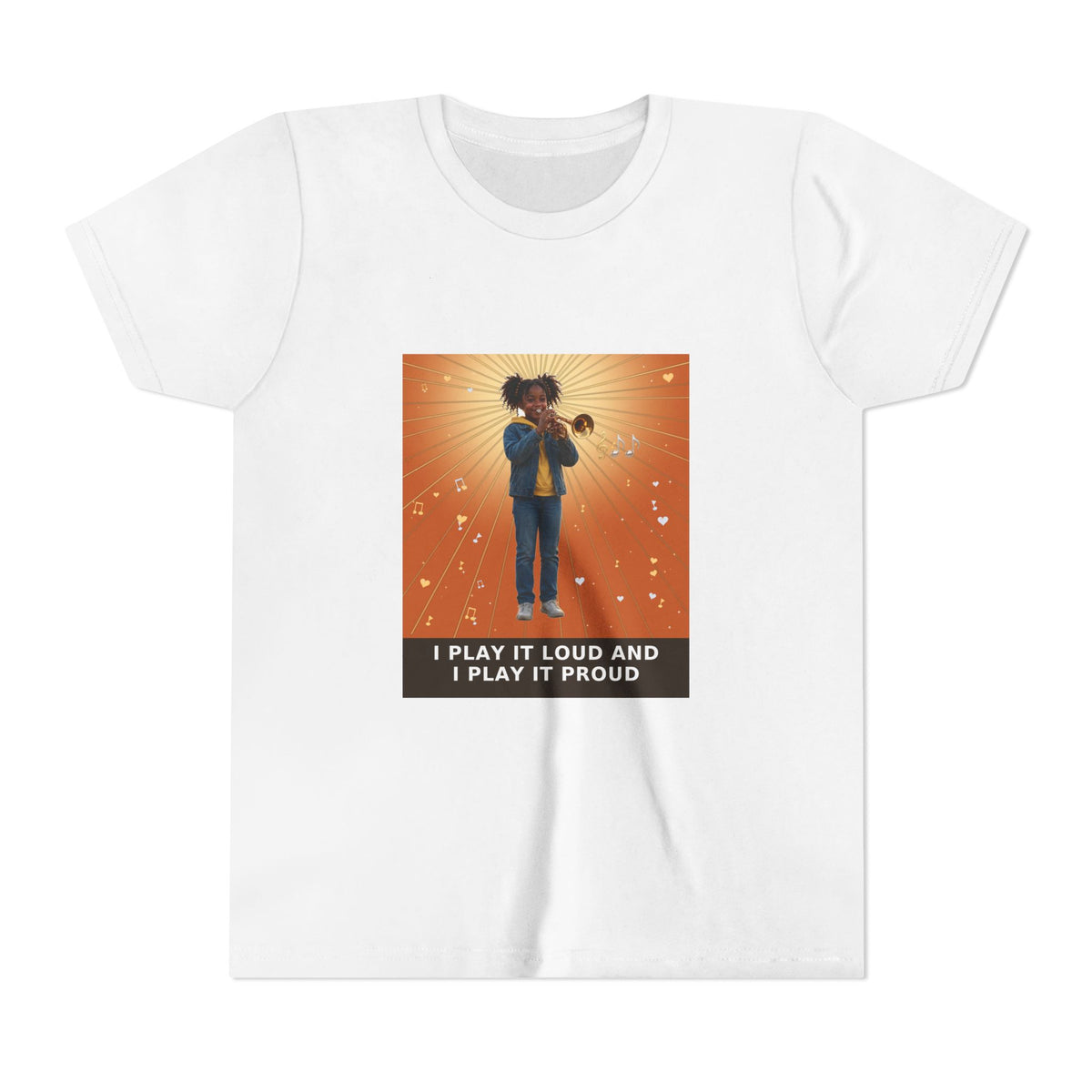 I Play It Loud and I Play It Proud — Black Girl Trumpet Pre-Teen Musician Tee (Sunset Orange) (Front Print)