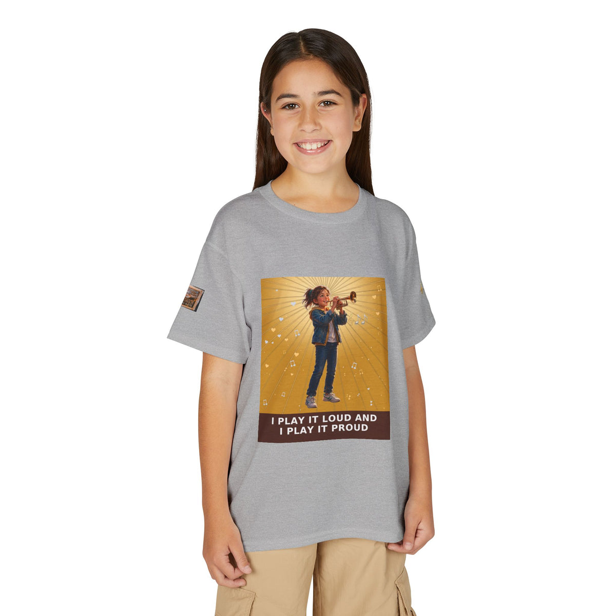 I Play It Loud and I Play It Proud — Girl Trumpet Pre-Teen Musician Tee (Golden Amber) (Budget Edition)