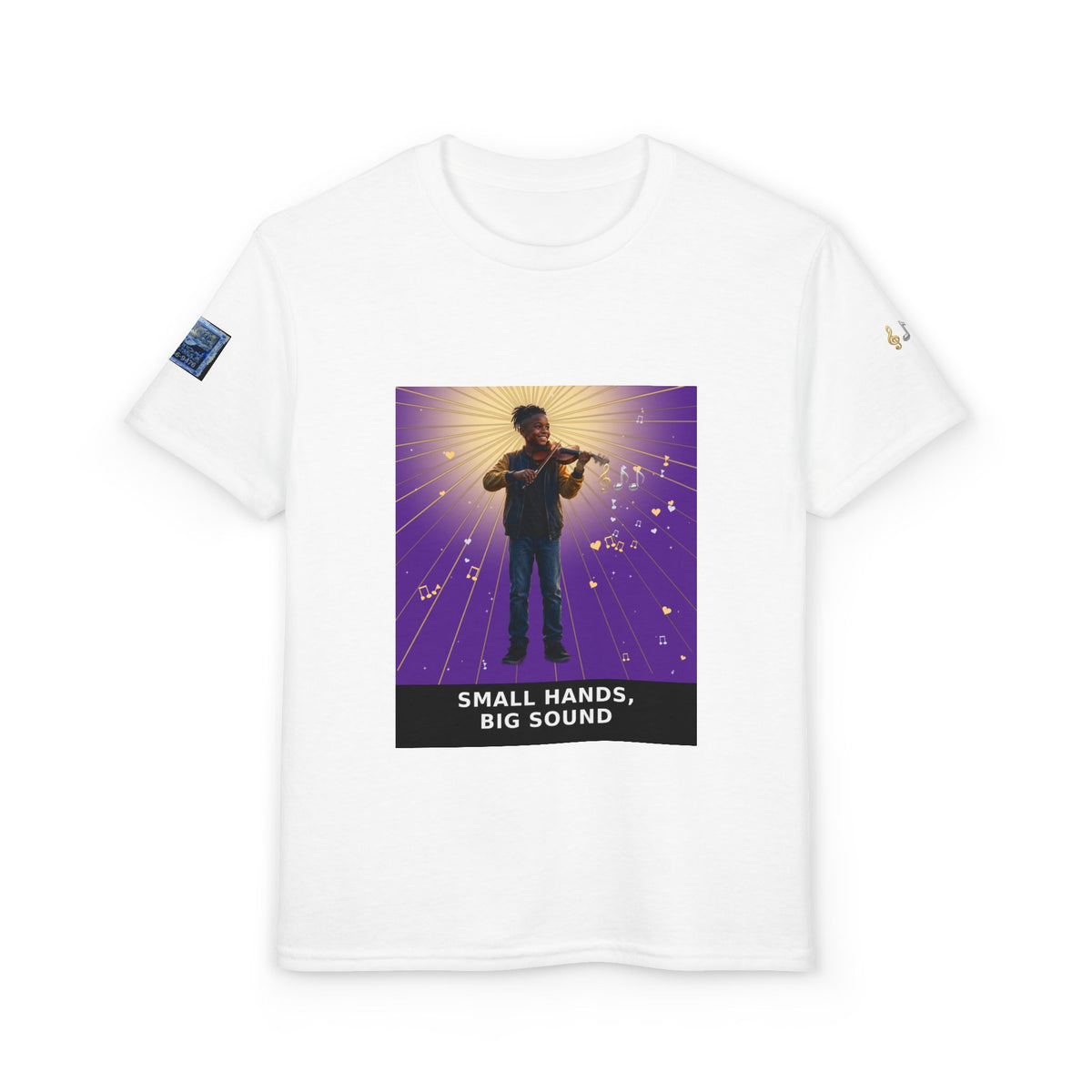 Small Hands, Big Sound — Black Boy Violin Pre-Teen Musician Tee (Royal Purple)
