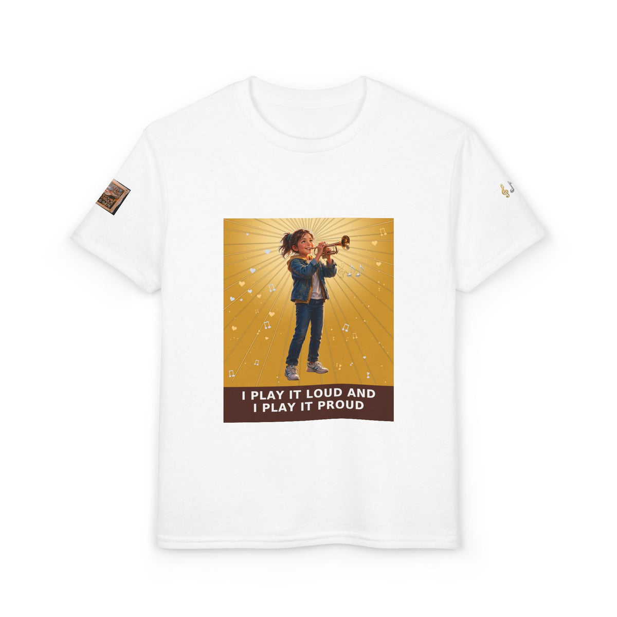 I Play It Loud and I Play It Proud — Girl Trumpet Pre-Teen Musician Tee (Golden Amber)