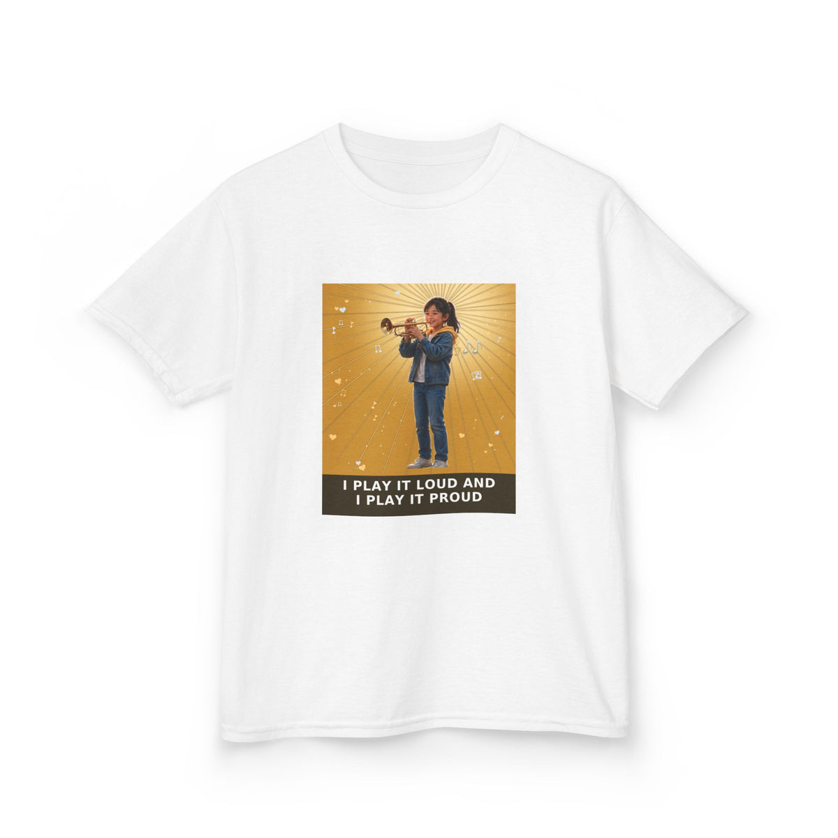 I Play It Loud and I Play It Proud — Asian Girl Trumpet Pre-Teen Musician Tee (Golden Amber) (Budget Edition) (Front Print)
