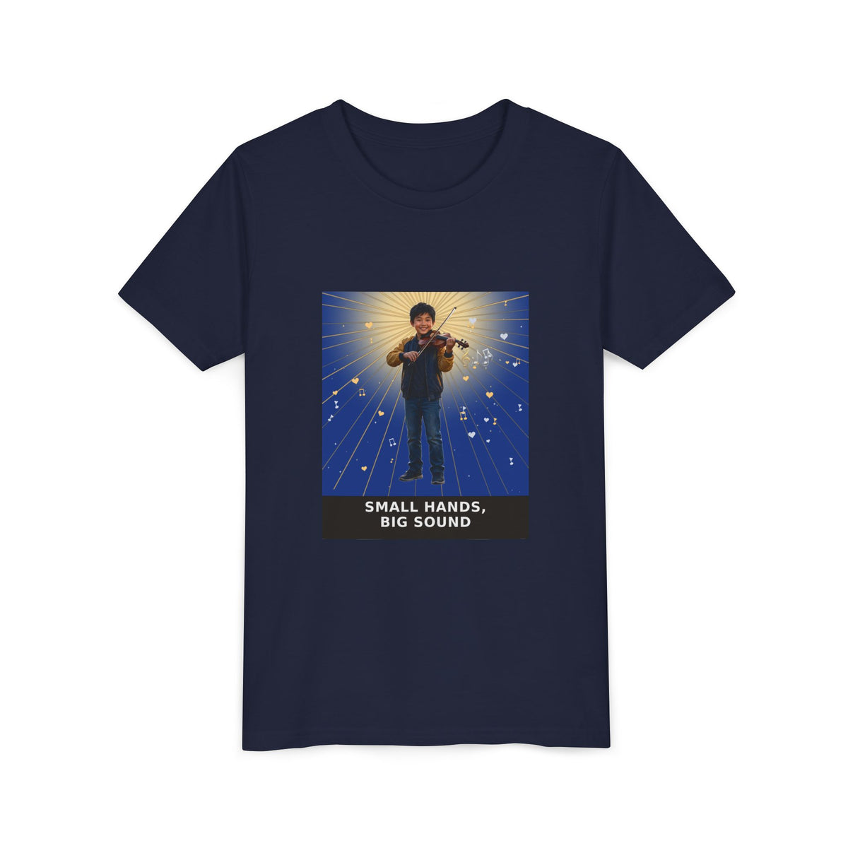 Small Hands, Big Sound — Asian Boy Violin Pre-Teen Musician Tee (Deep Blue) (Front Print)