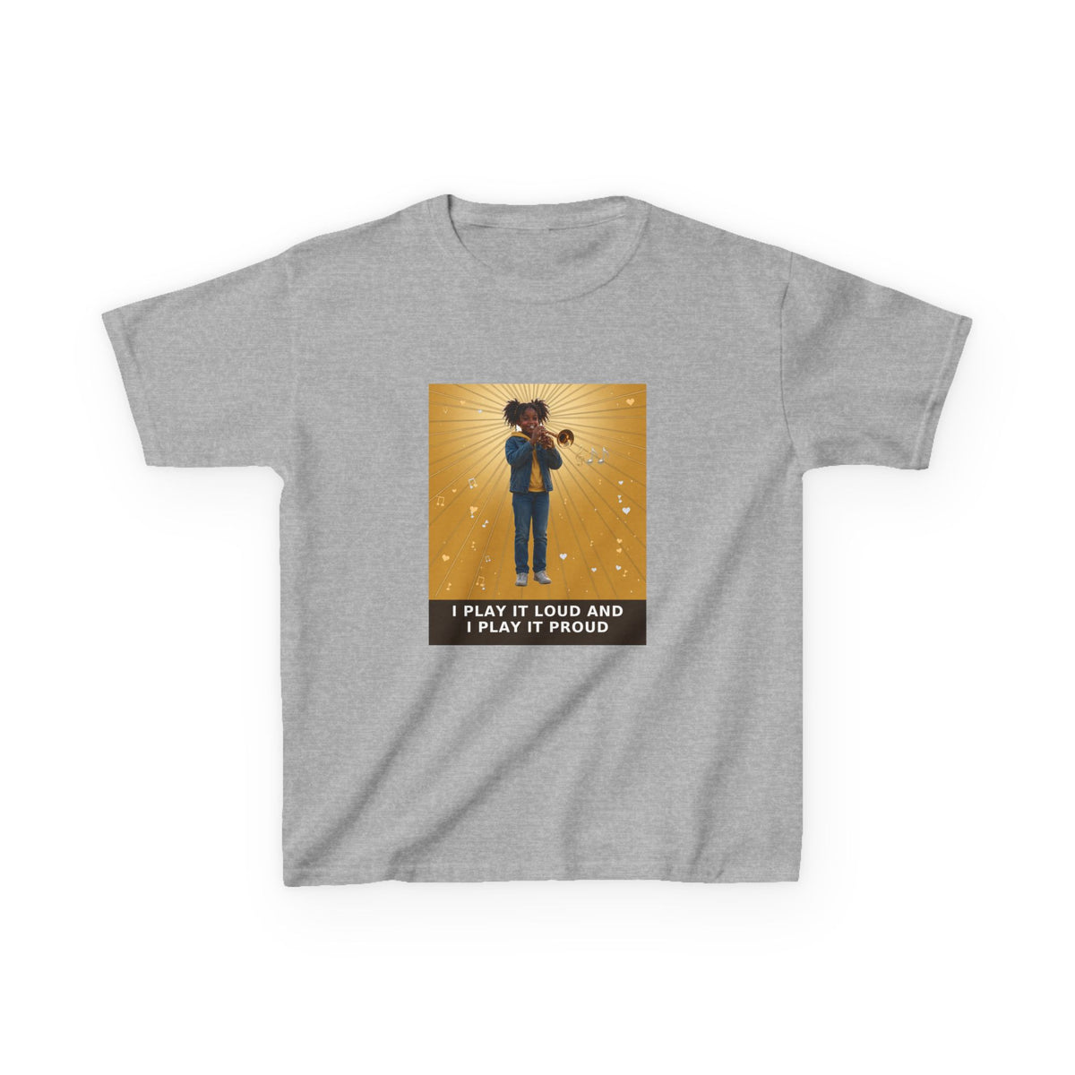 I Play It Loud and I Play It Proud — Black Girl Trumpet Pre-Teen Musician Tee (Golden Amber) (Budget Edition) (Front Print)