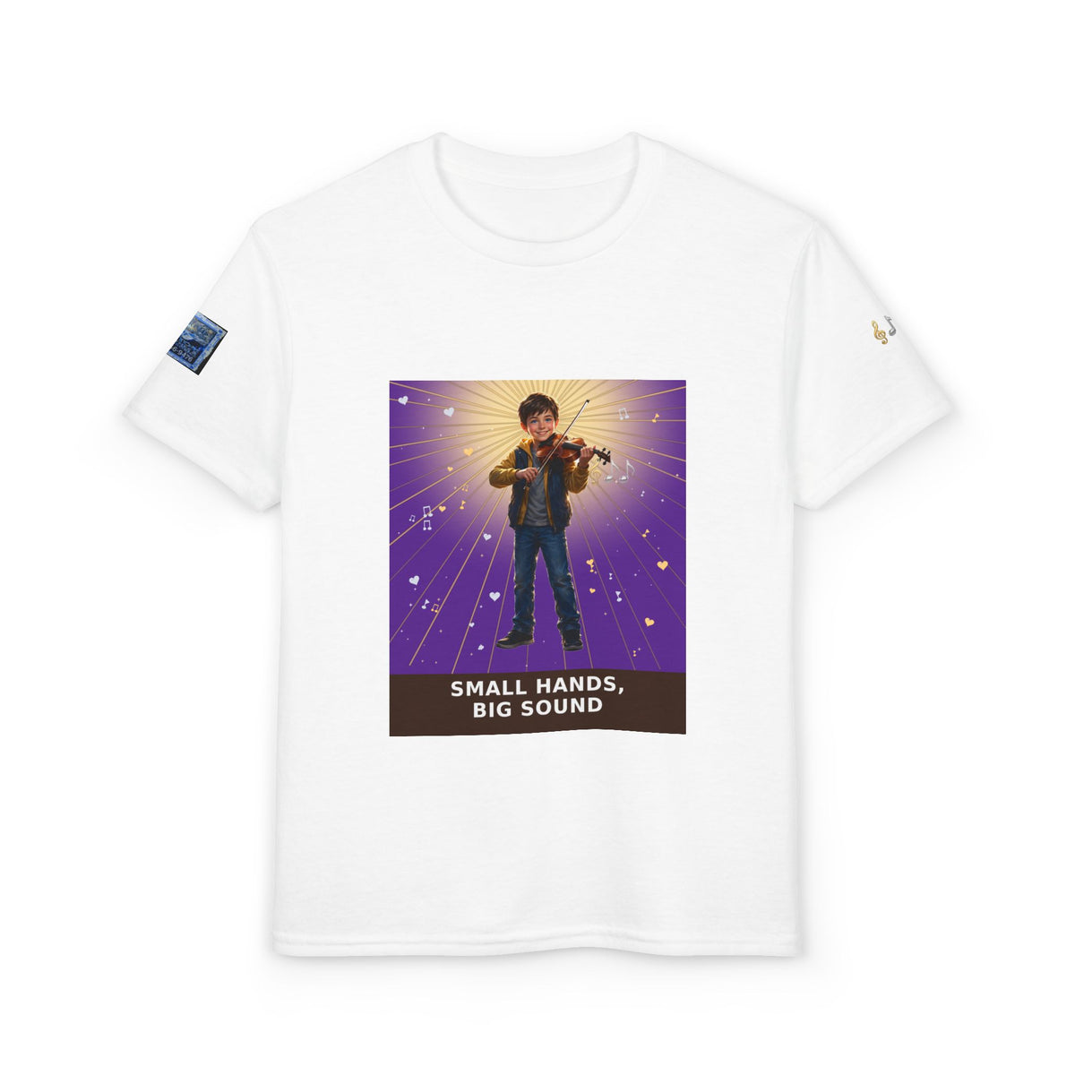 Small Hands, Big Sound — Boy Violin Pre-Teen Musician Tee (Royal Purple)