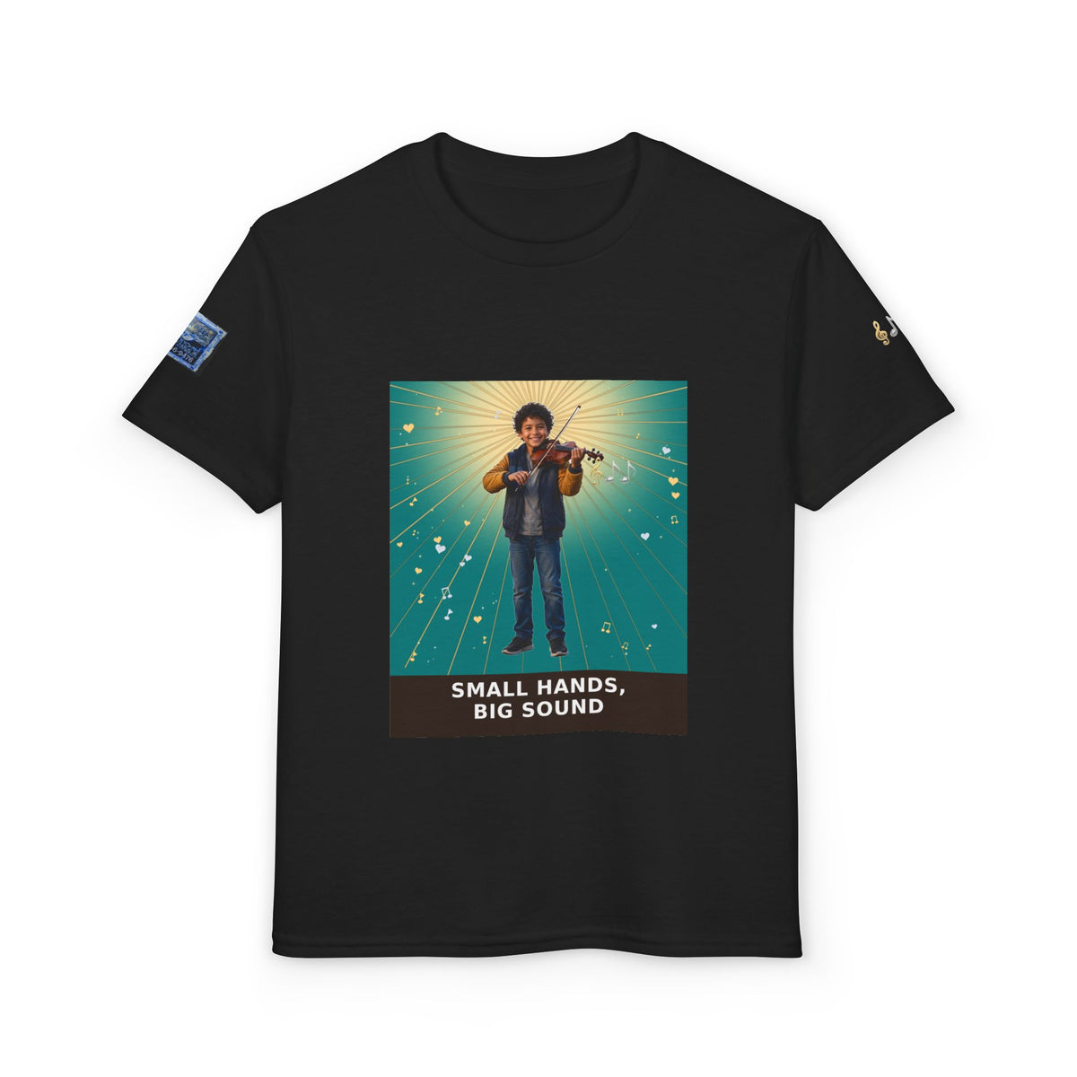 Small Hands, Big Sound — Latino Boy Violin Pre-Teen Musician Tee (Teal) (Budget Edition)