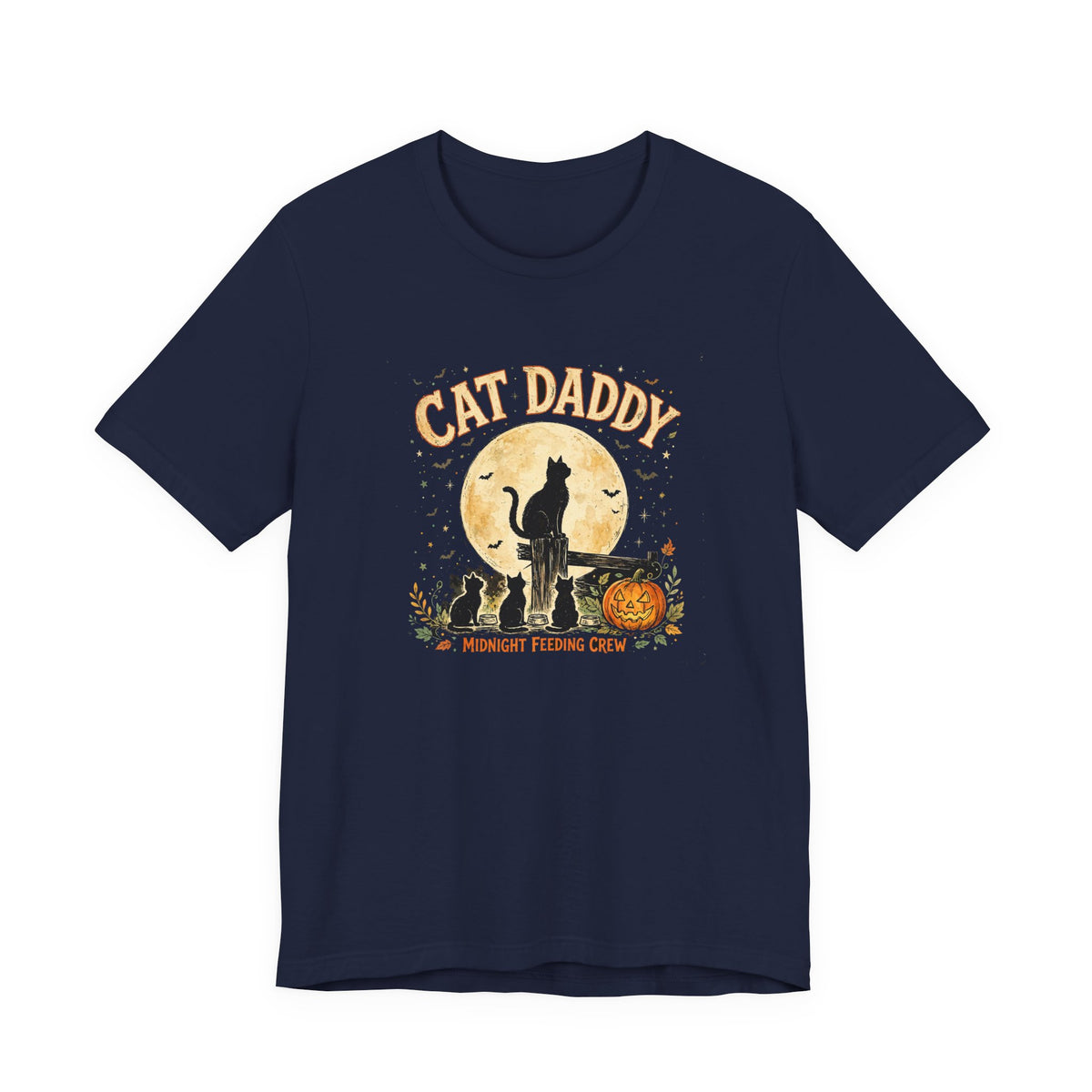 Cat Daddy Halloween T-Shirt - Midnight Feeding Crew Black Cat Full Moon Vintage Tee, Funny Feral Cat Lover Gift