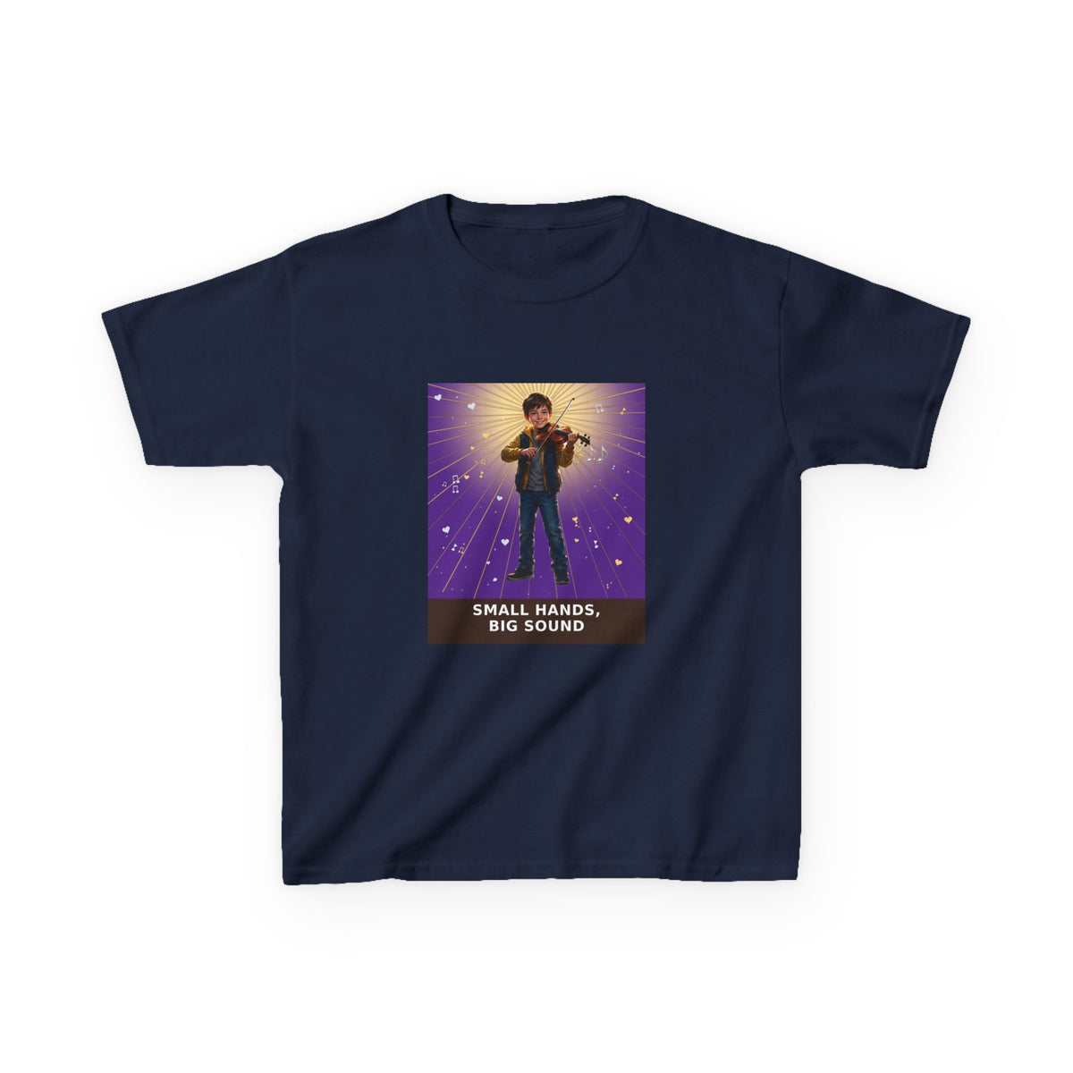 Small Hands, Big Sound — Boy Violin Pre-Teen Musician Tee (Royal Purple) (Budget Edition) (Front Print)