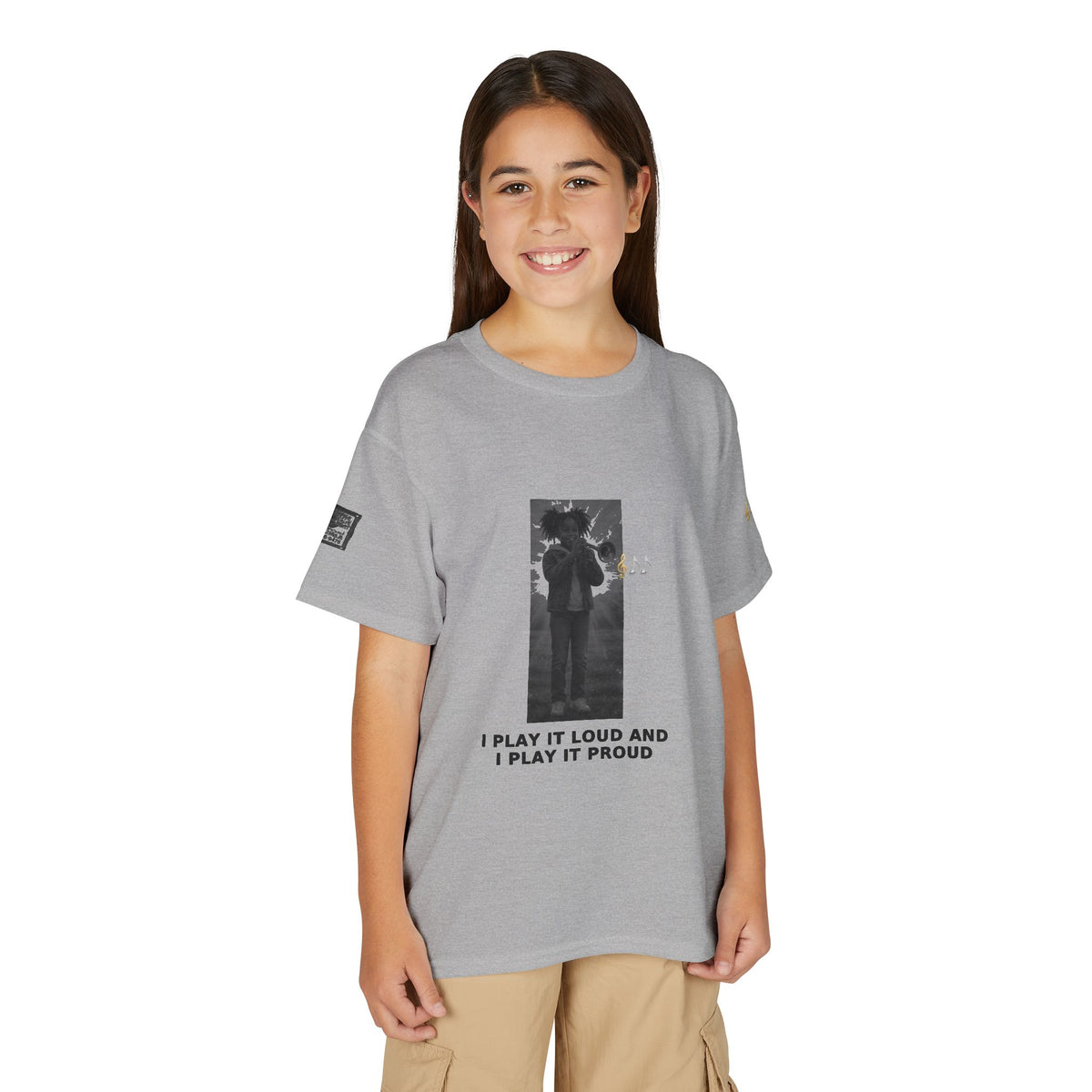 I Play It Loud and I Play It Proud — Black Girl Trumpet Pre-Teen Musician Tee (Black Ink)