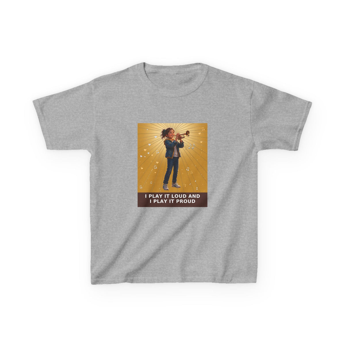 I Play It Loud and I Play It Proud — Girl Trumpet Pre-Teen Musician Tee (Golden Amber) (Budget Edition) (Front Print)