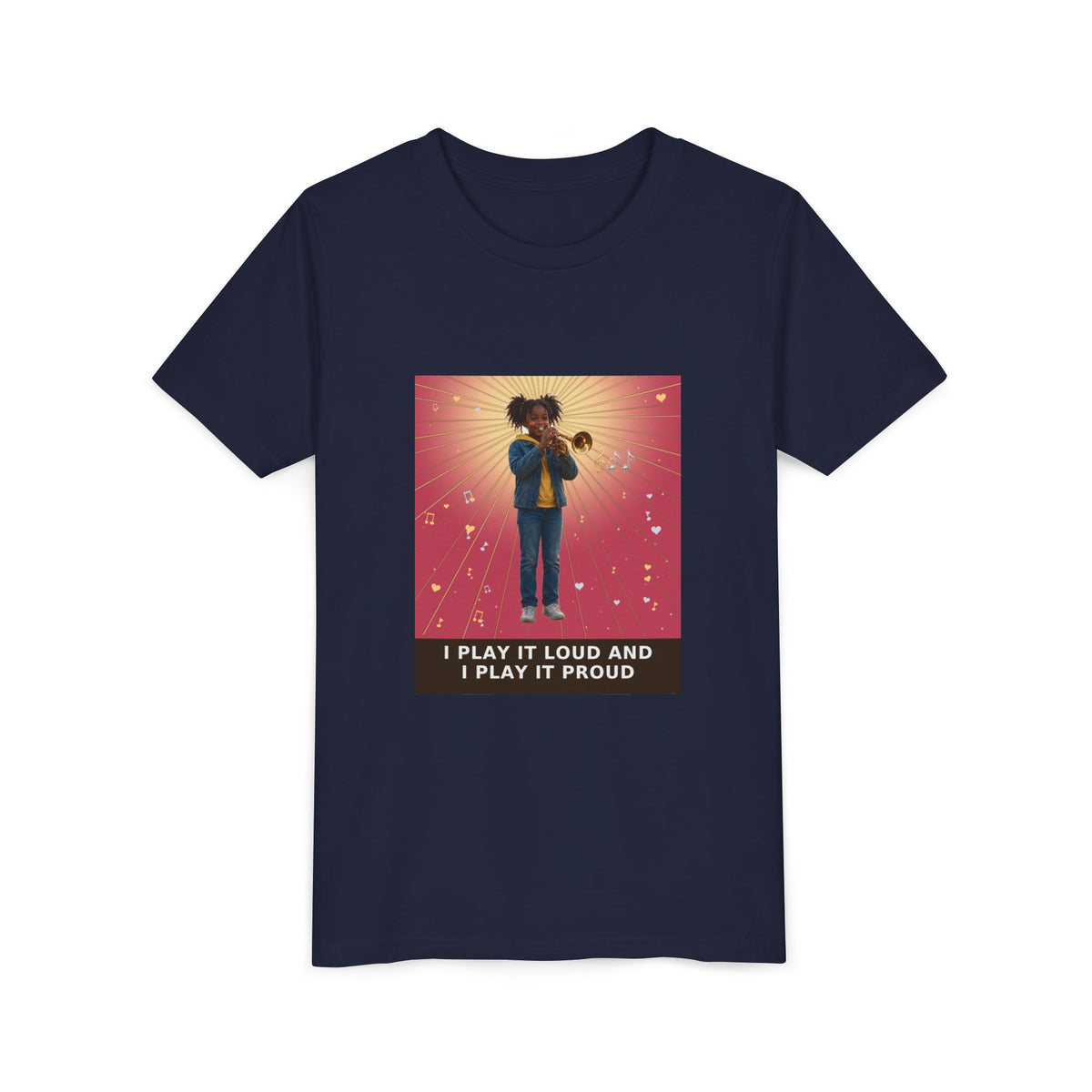 I Play It Loud and I Play It Proud — Black Girl Trumpet Pre-Teen Musician Tee (Rose) (Front Print)