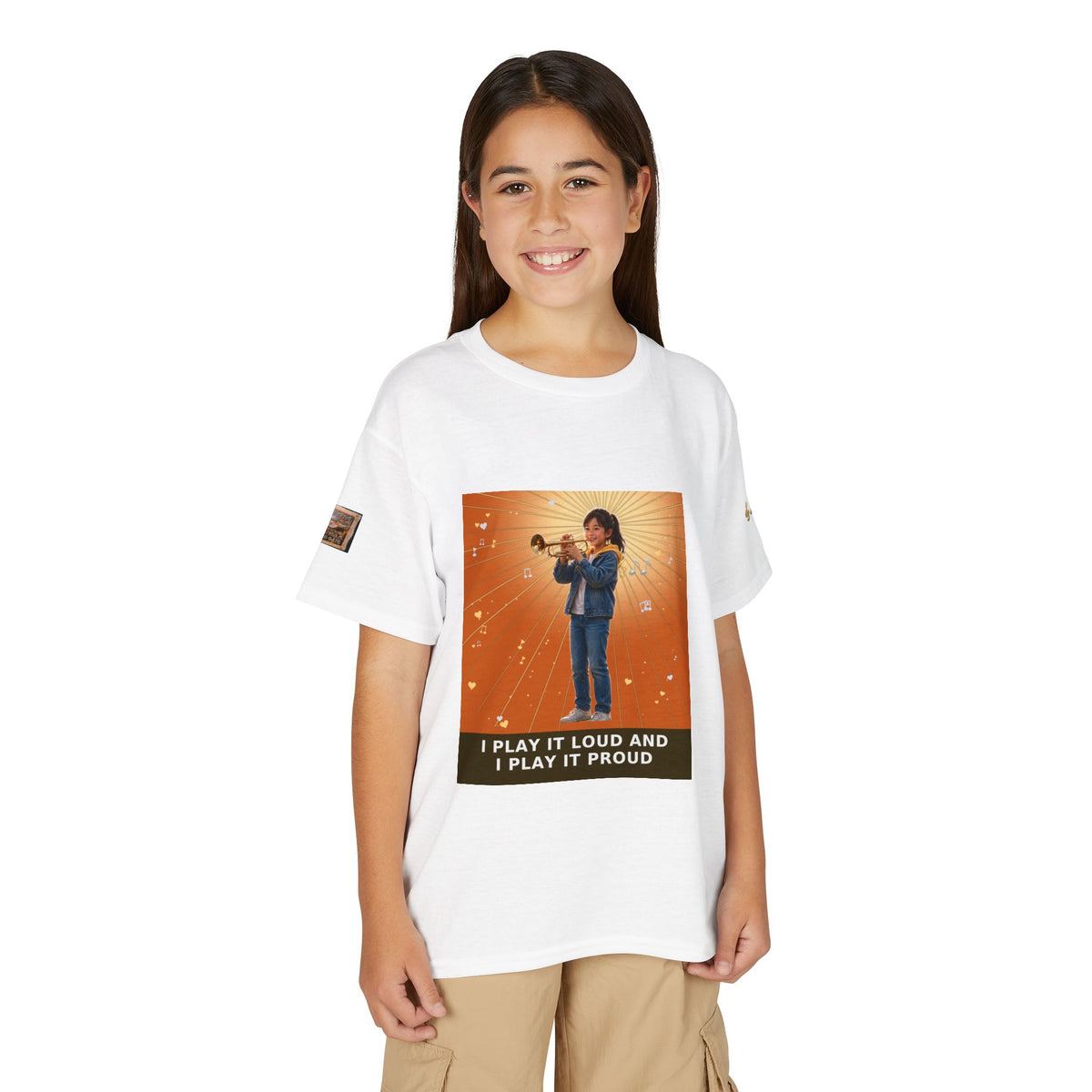 I Play It Loud and I Play It Proud — Asian Girl Trumpet Pre-Teen Musician Tee (Sunset Orange)