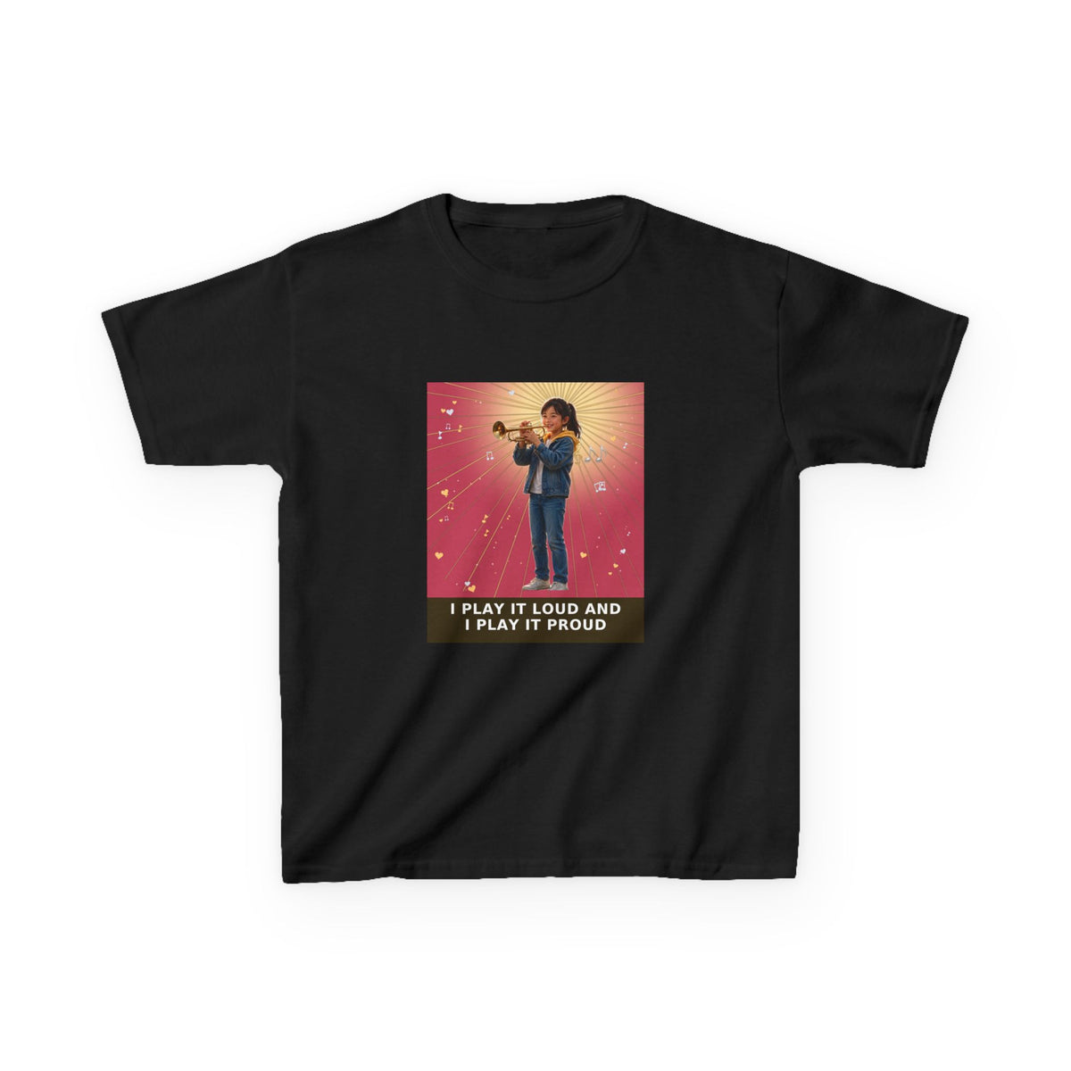 I Play It Loud and I Play It Proud — Asian Girl Trumpet Pre-Teen Musician Tee (Rose) (Budget Edition) (Front Print)
