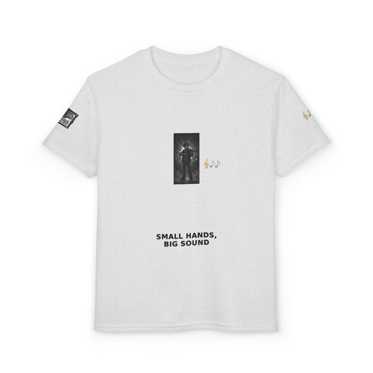Small Hands, Big Sound — Boy Violin Pre-Teen Musician Tee (Black Ink)