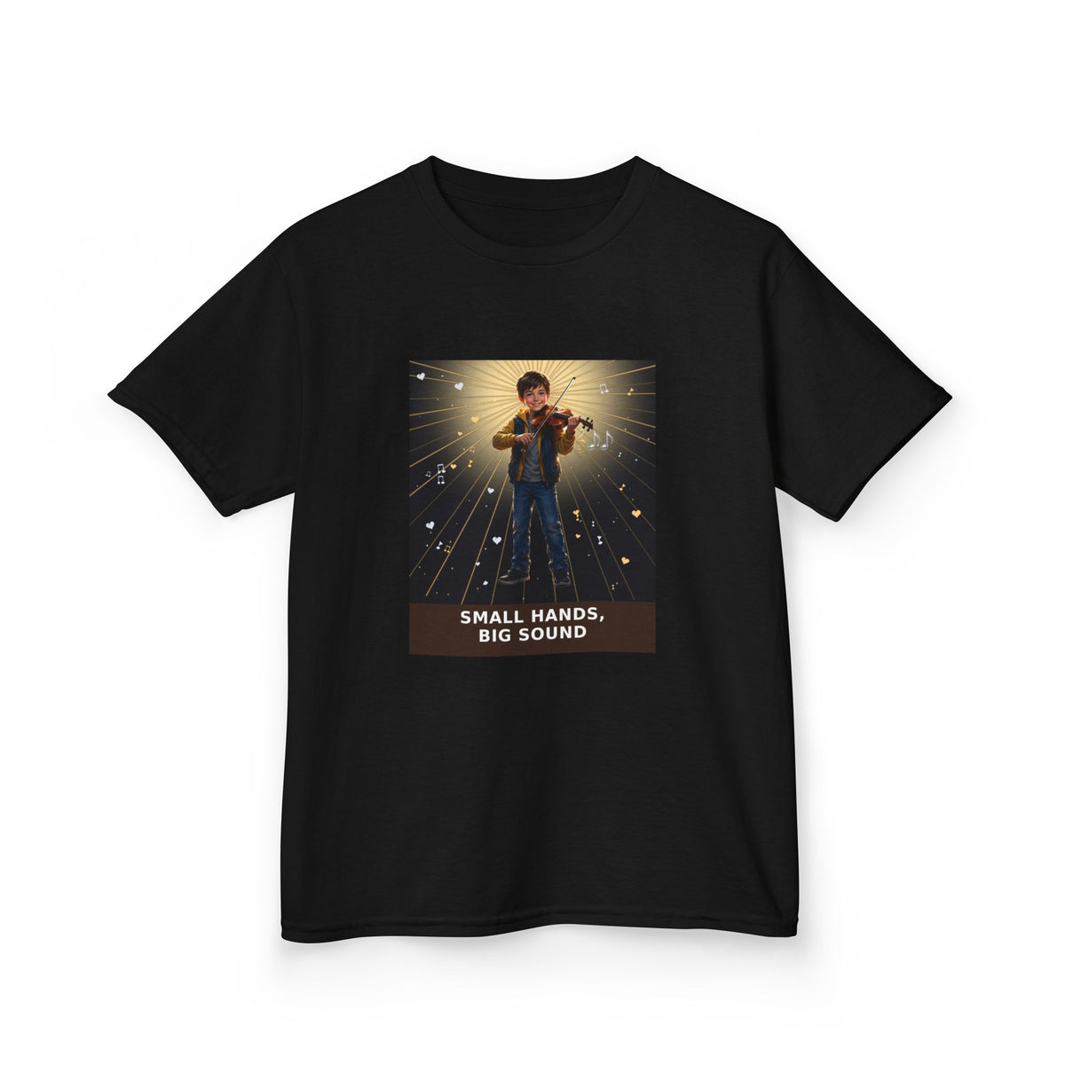 Small Hands, Big Sound — Boy Violin Pre-Teen Musician Tee (Budget Edition) (Front Print)